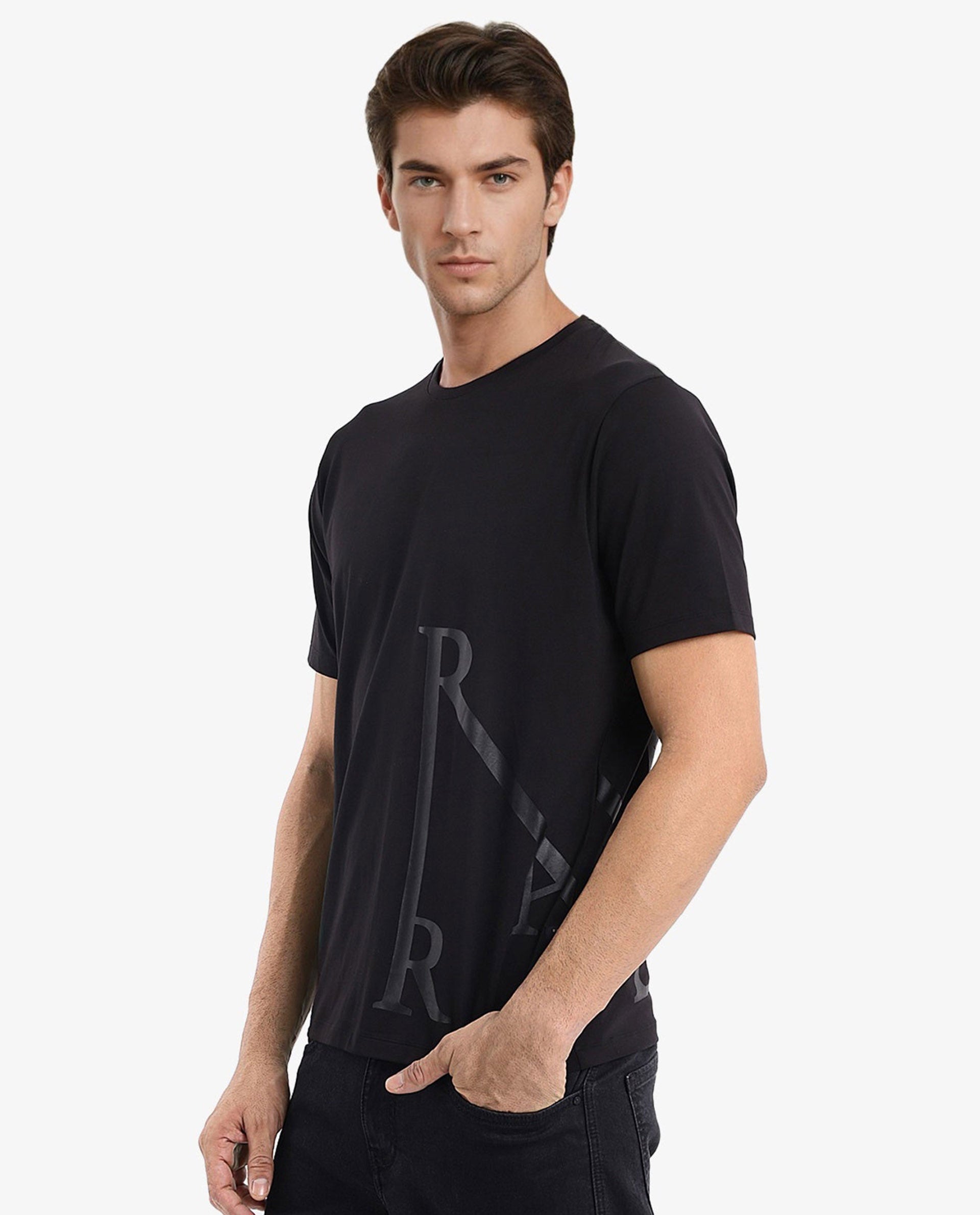 Rare Rabbit Men Ayden Black Cotton Lycra Fabric Short Sleeve Crew Neck Regular Fit Graphic Print T-Shirt