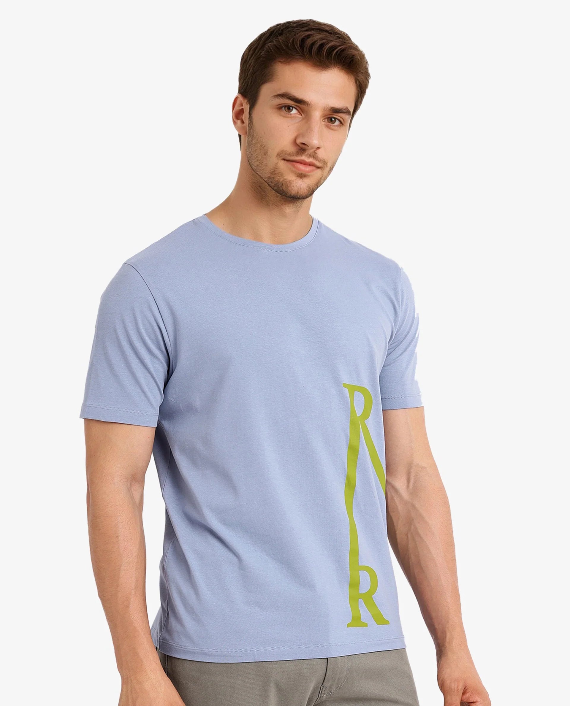 Rare Rabbit Men Ayden Light Blue Cotton Lycra Fabric Short Sleeve Crew Neck Regular Fit Graphic Print T-Shirt