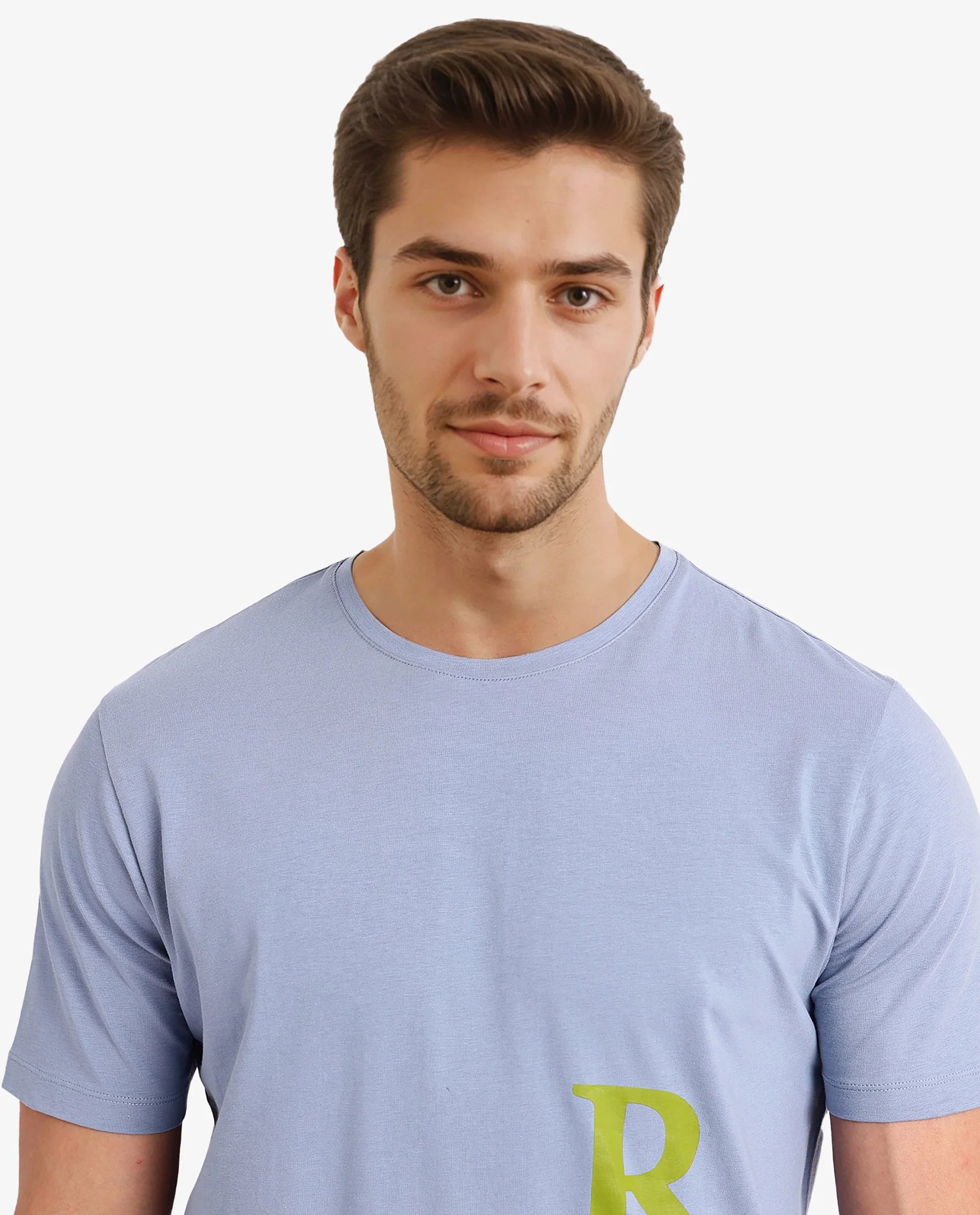 Rare Rabbit Men Ayden Light Blue Cotton Lycra Fabric Short Sleeve Crew Neck Regular Fit Graphic Print T-Shirt