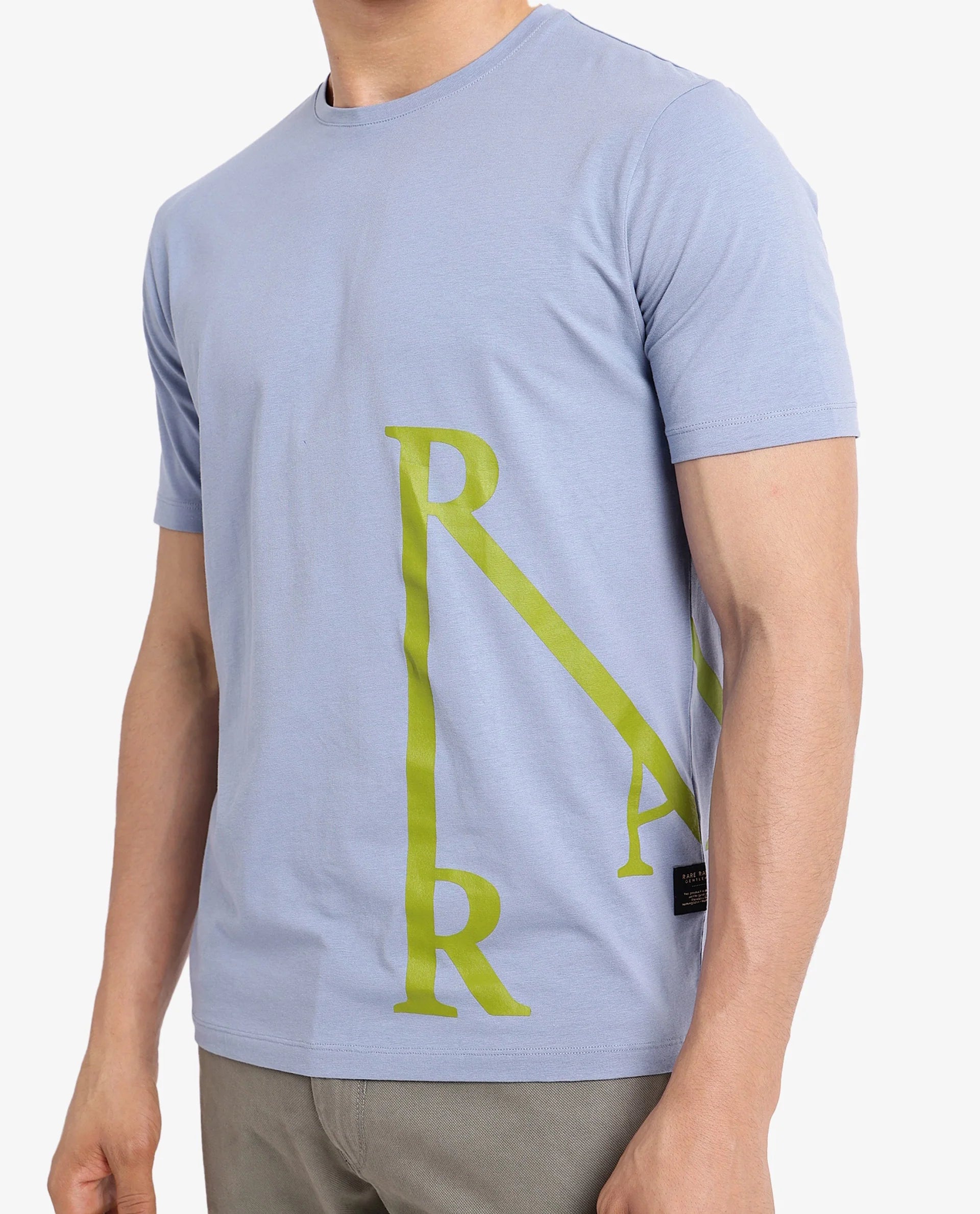 Rare Rabbit Men Ayden Light Blue Cotton Lycra Fabric Short Sleeve Crew Neck Regular Fit Graphic Print T-Shirt