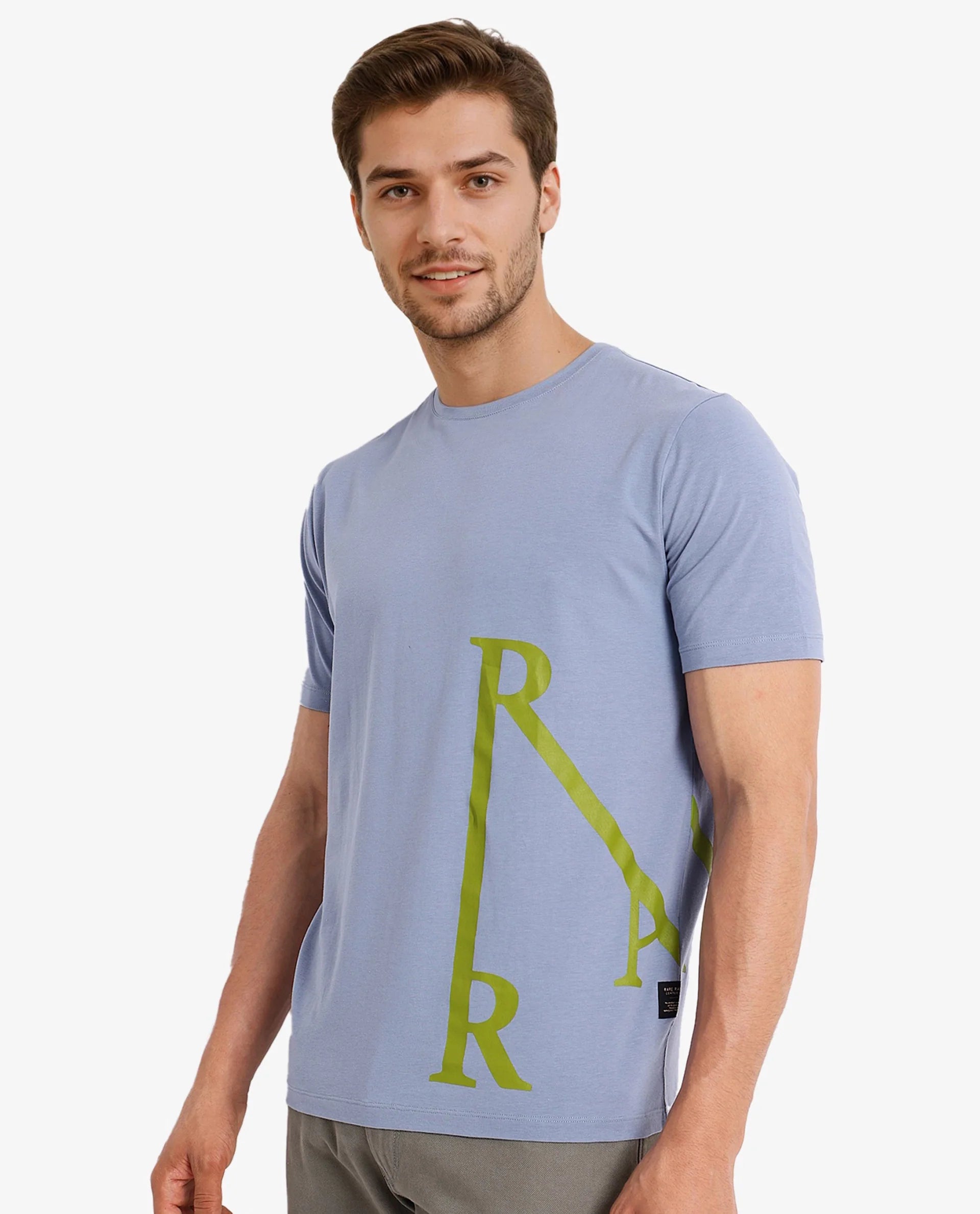 Rare Rabbit Men Ayden Light Blue Cotton Lycra Fabric Short Sleeve Crew Neck Regular Fit Graphic Print T-Shirt