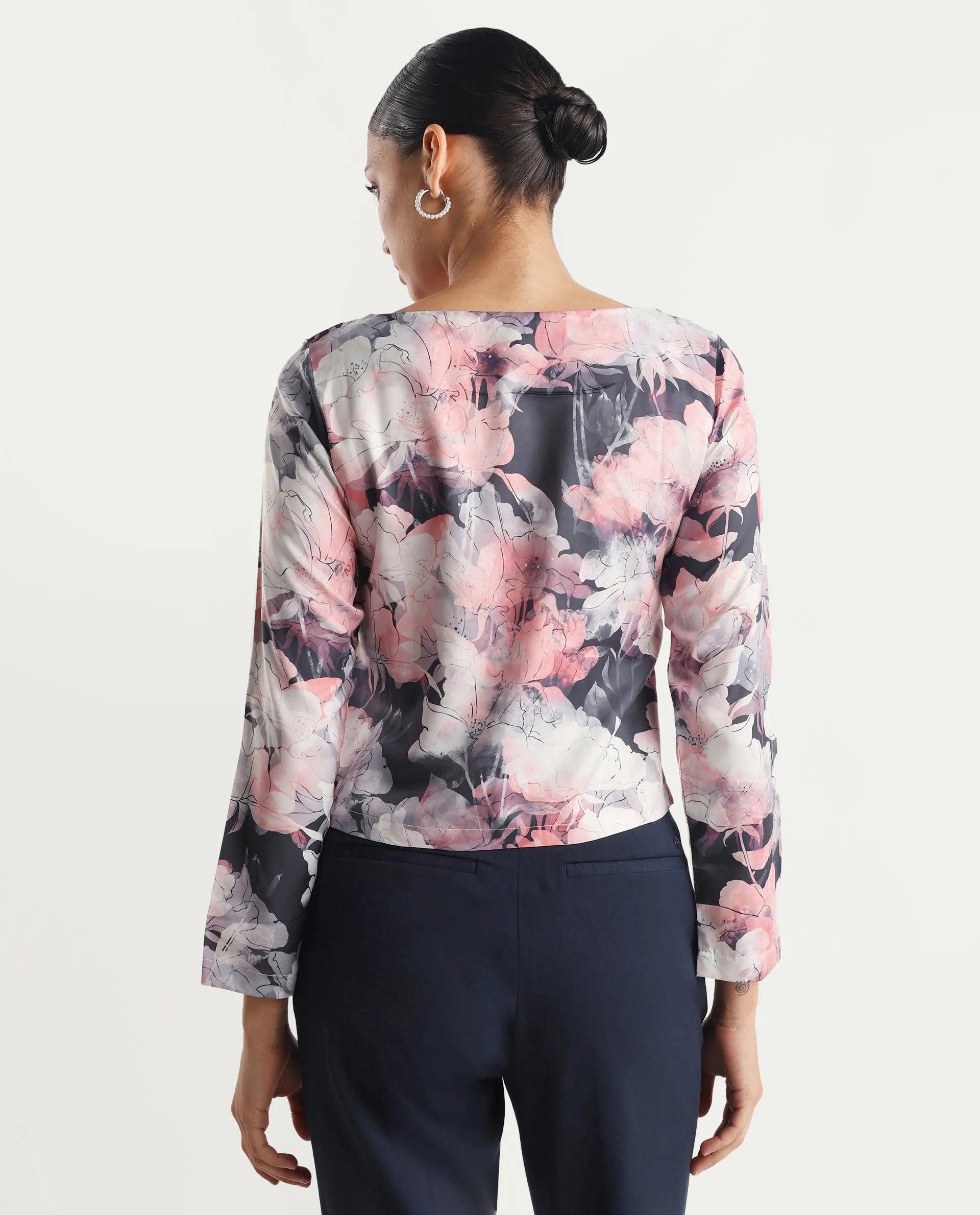 Rareism Women's Aydino Multi Satin Crew Neck Floral Print Crop Regular Fit Top