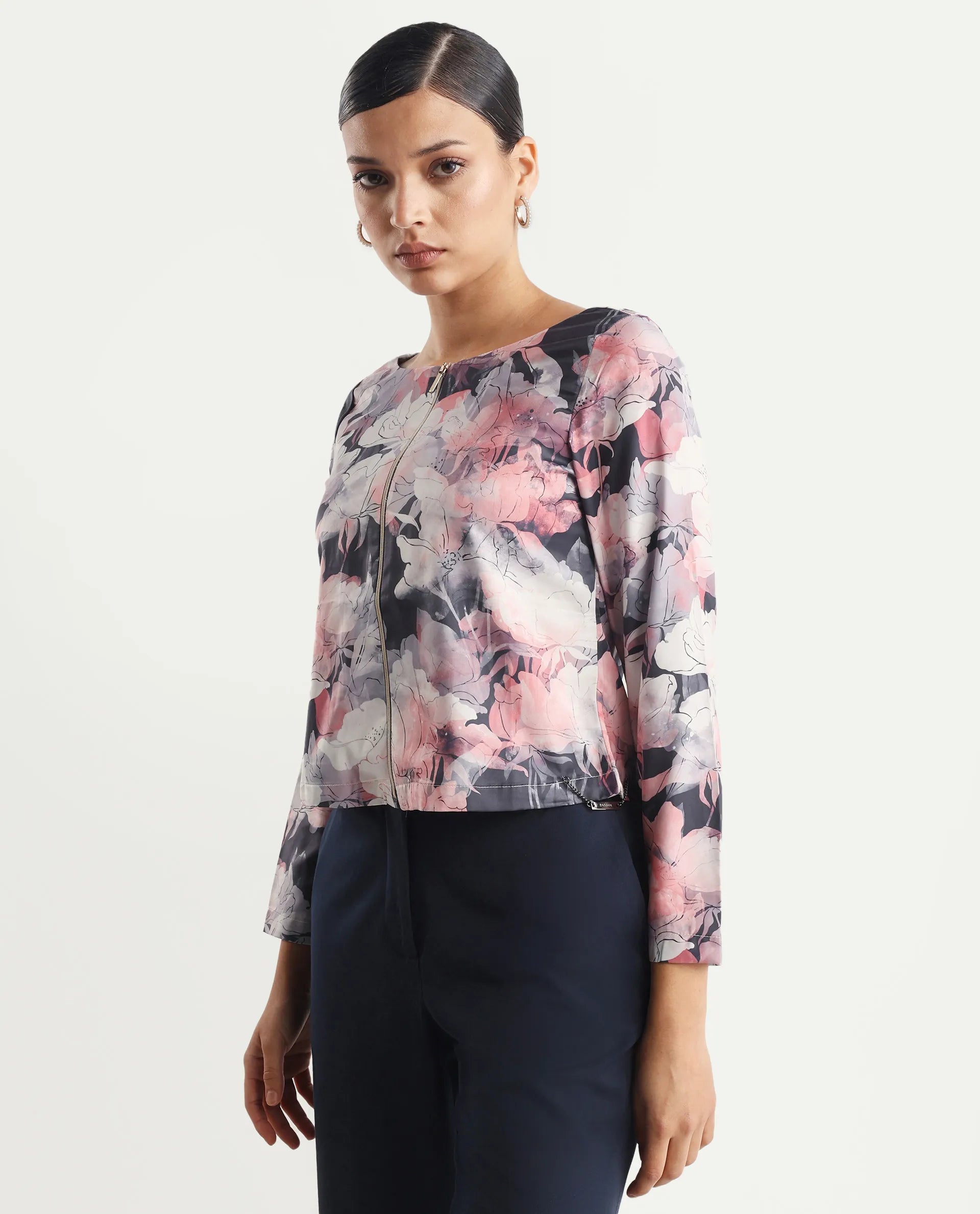 Rareism Women's Aydino Multi Satin Crew Neck Floral Print Crop Regular Fit Top