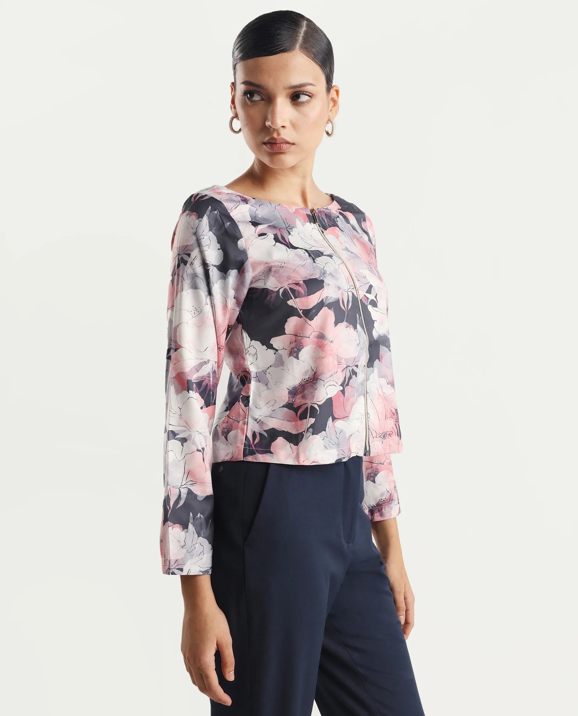 Rareism Women's Aydino Multi Satin Crew Neck Floral Print Crop Regular Fit Top