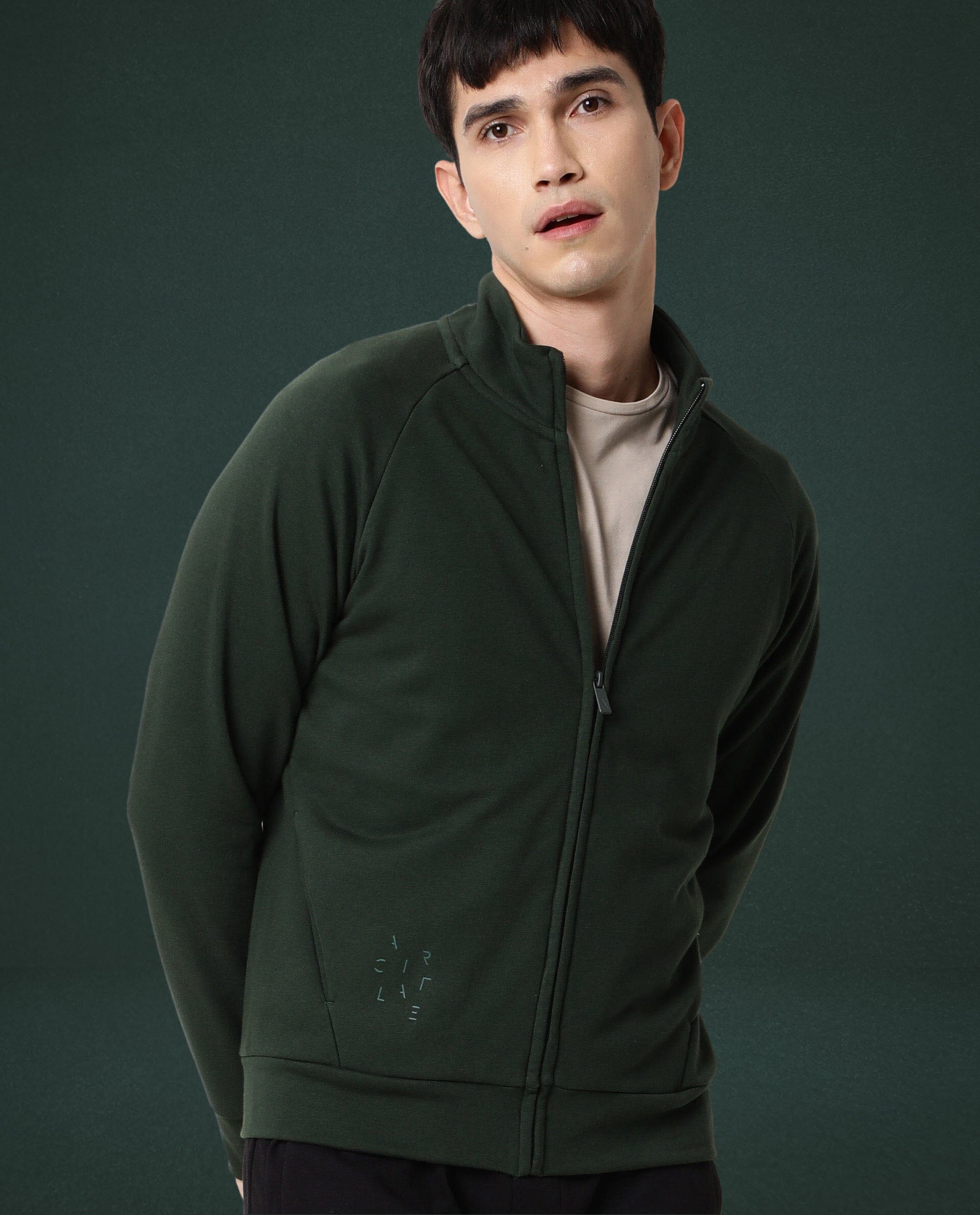 Rare Rabbit Articale Men's Azil Mountain Green High Neck Zip-Up Jacket