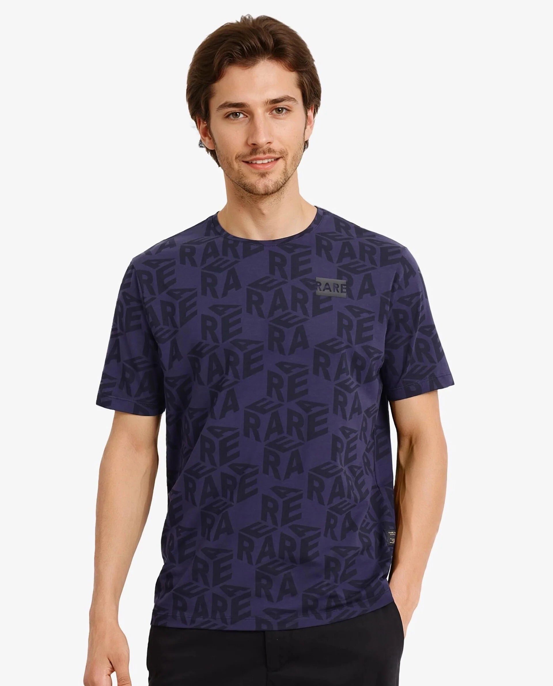 Rare Rabbit Men Azo Dusky Blue Short Sleeve Crew Neck Branded Graphic Print T-Shirt