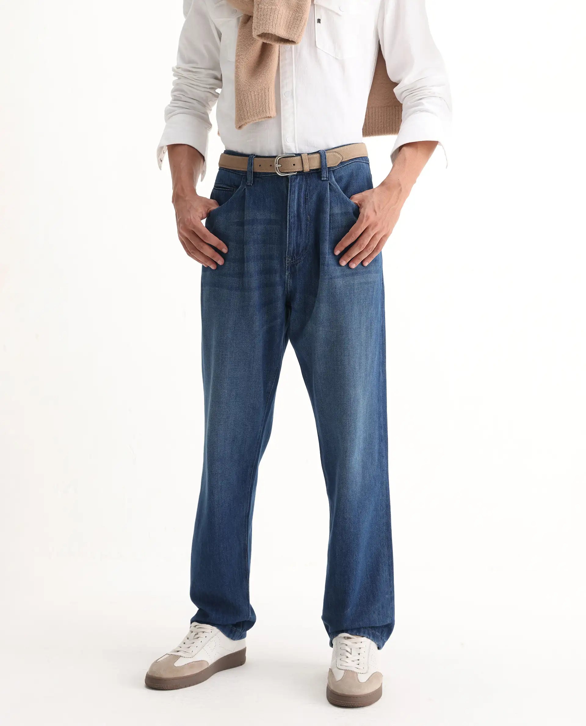 Rare Rabbit Men's Bagg Blue Cotton Plain Baggy Fit Jeans