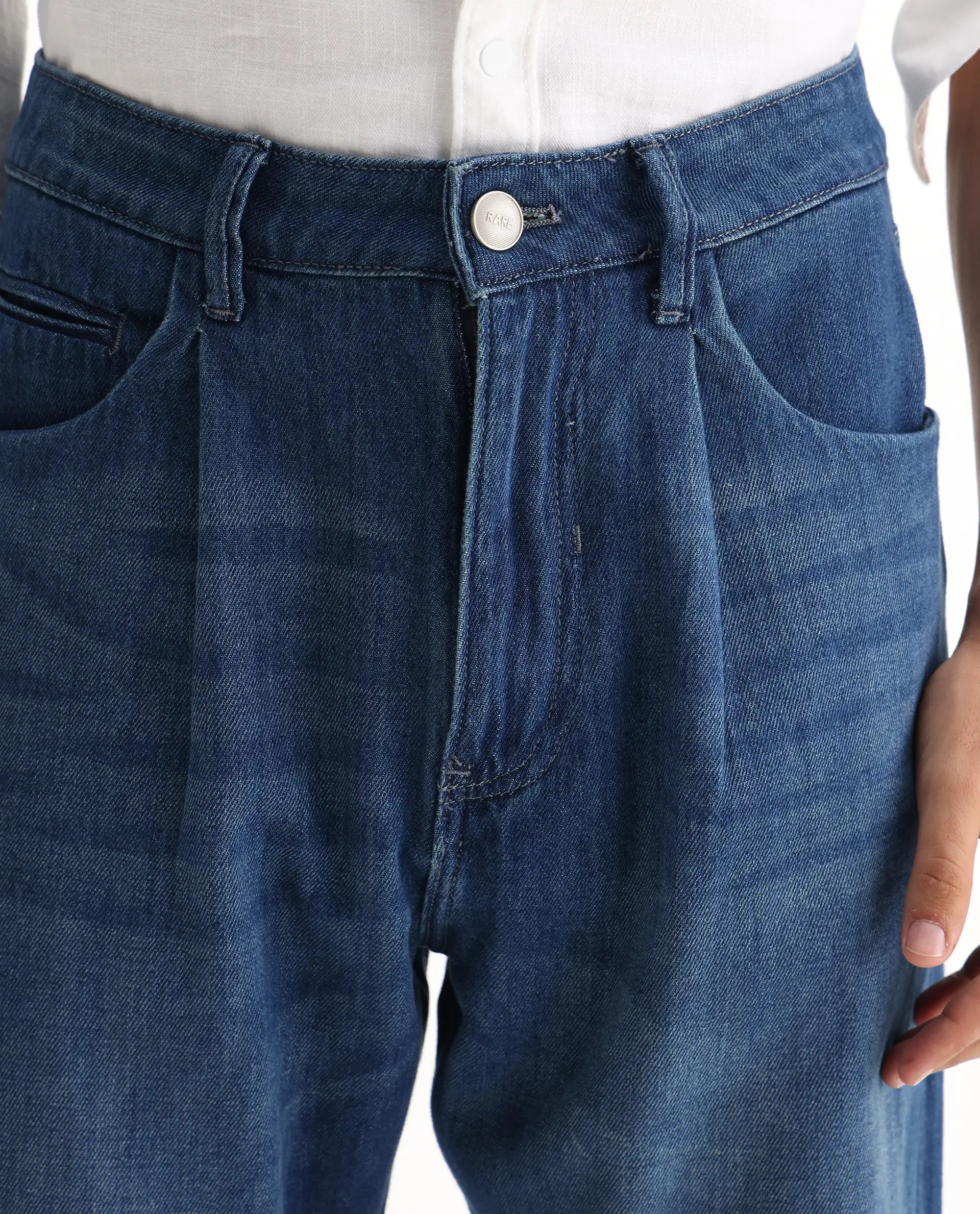 Rare Rabbit Men's Bagg Blue Cotton Plain Baggy Fit Jeans