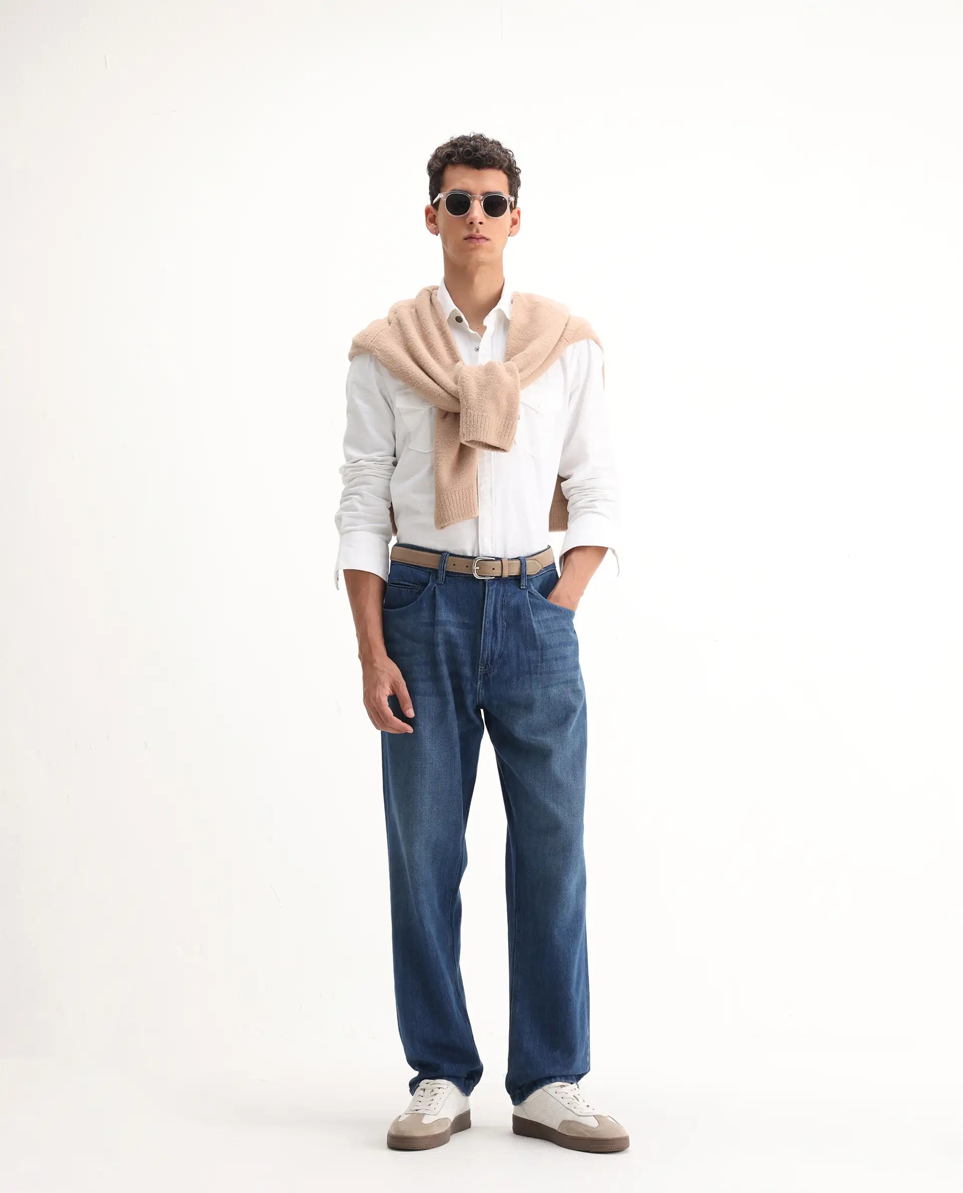 Rare Rabbit Men's Bagg Blue Cotton Plain Baggy Fit Jeans