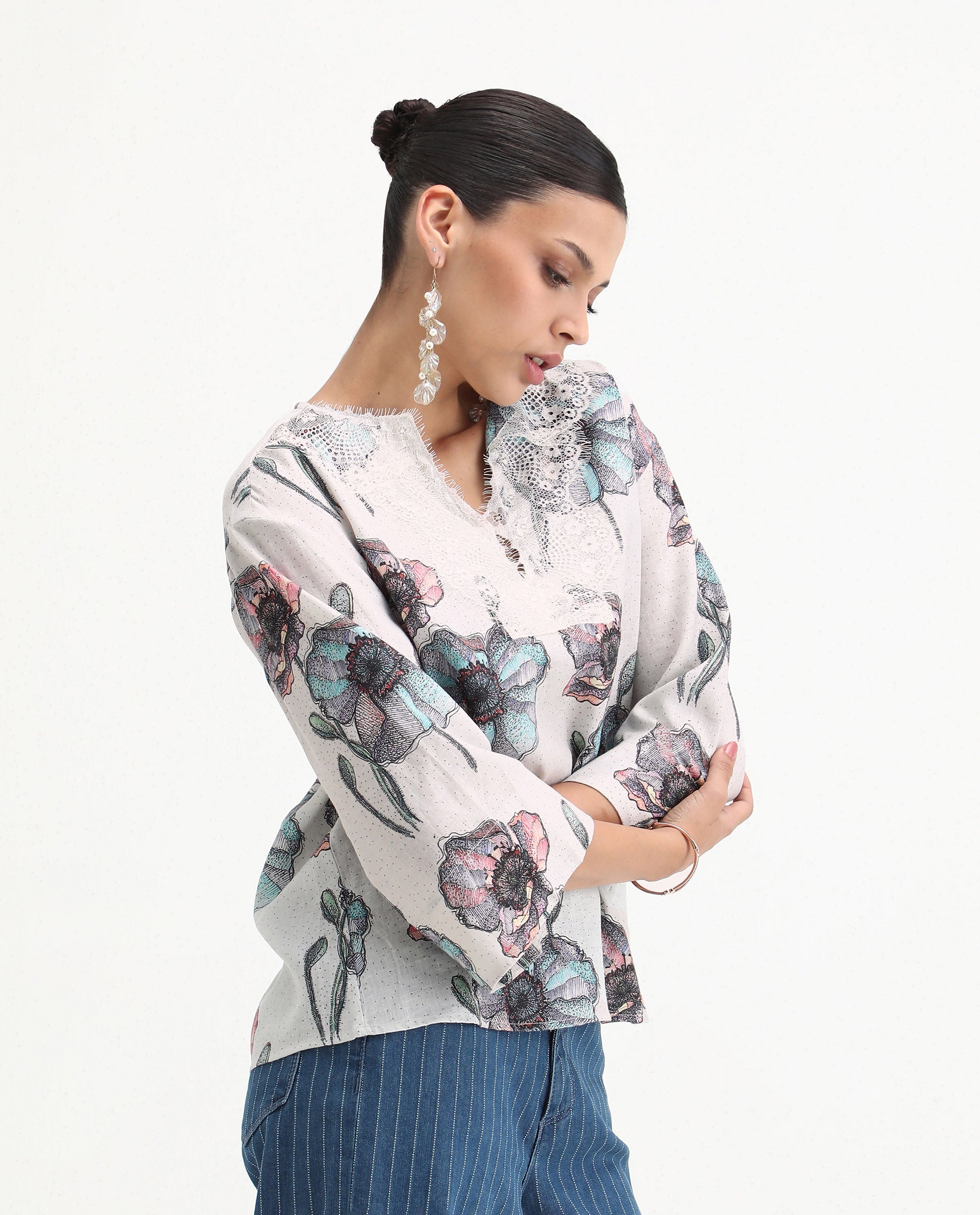 Rareism Women's Baizen Multi Cotton Linen Tie-Up Neck Floral Print Bell Sleeve Regular Fit Top