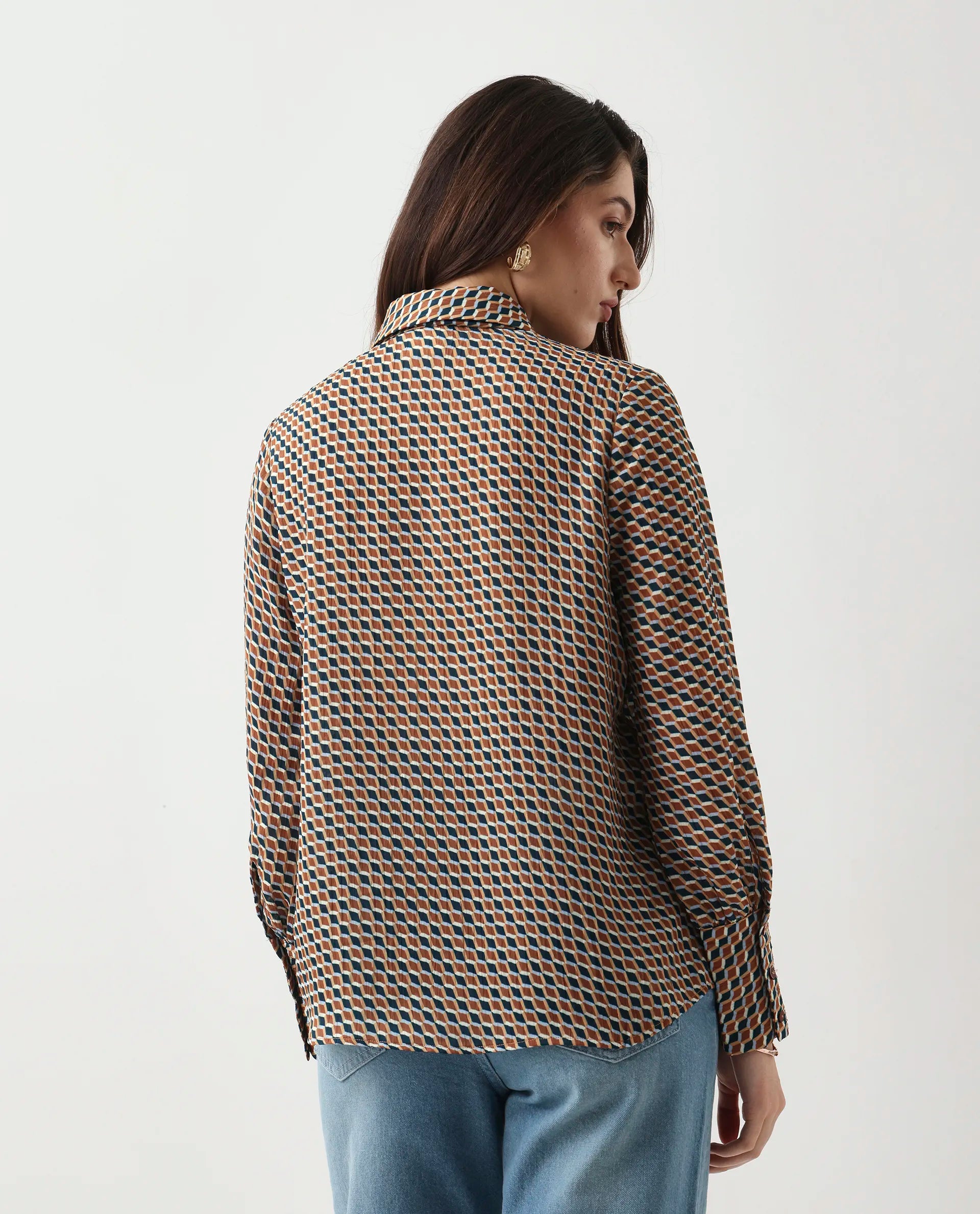 Rareism Women's Bajor Multi Polyester Cuffed Sleeve Collared Neck Regular Fit Shirt