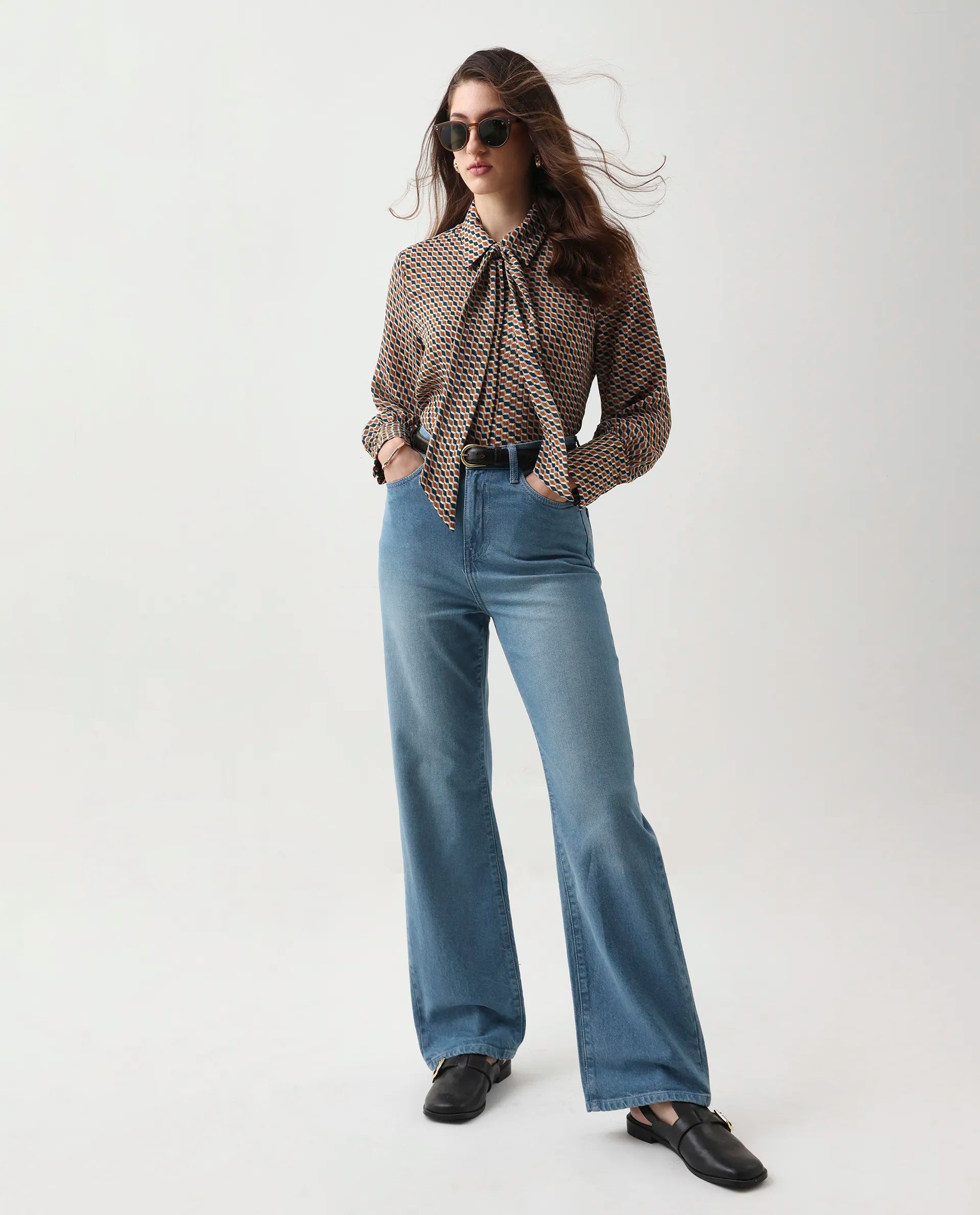 Rareism Women's Bajor Multi Polyester Cuffed Sleeve Collared Neck Regular Fit Shirt