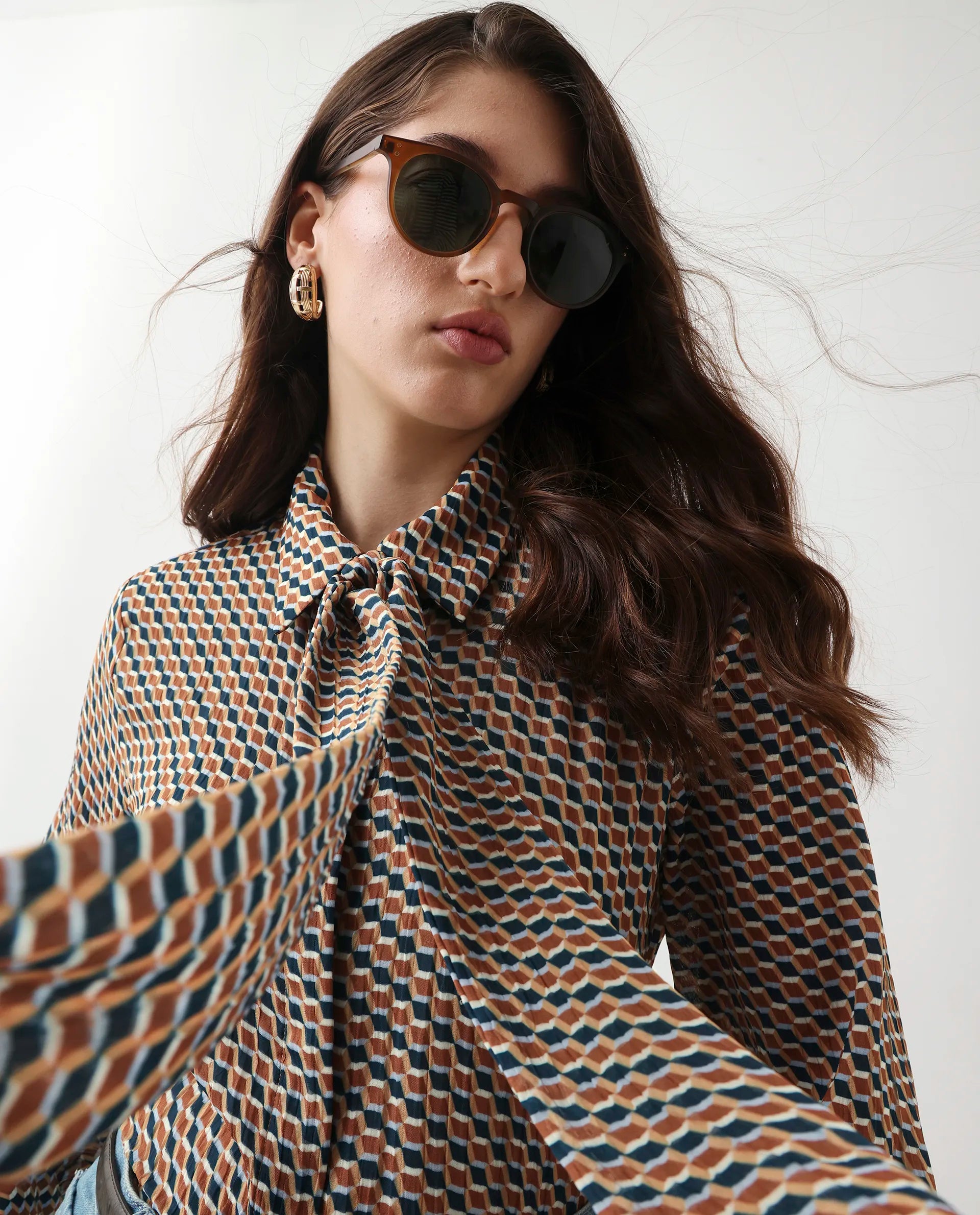 Rareism Women's Bajor Multi Polyester Cuffed Sleeve Collared Neck Regular Fit Shirt