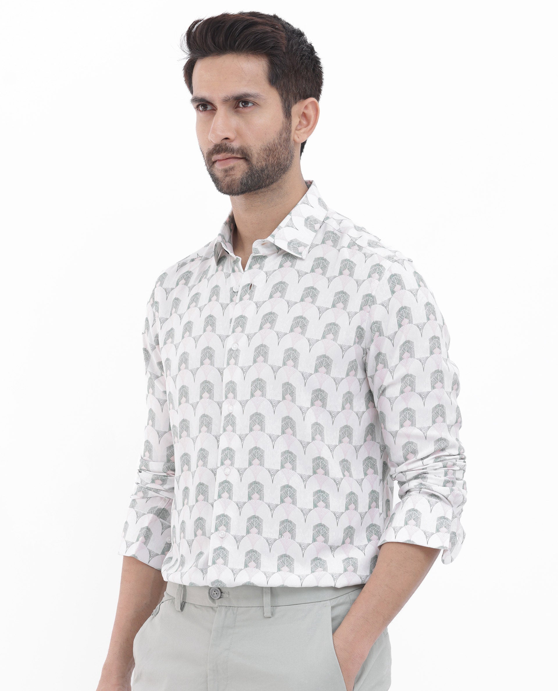 Rare Rabbit Mens Balic Pastel Green Full Sleeve Geometric Printed Shirt