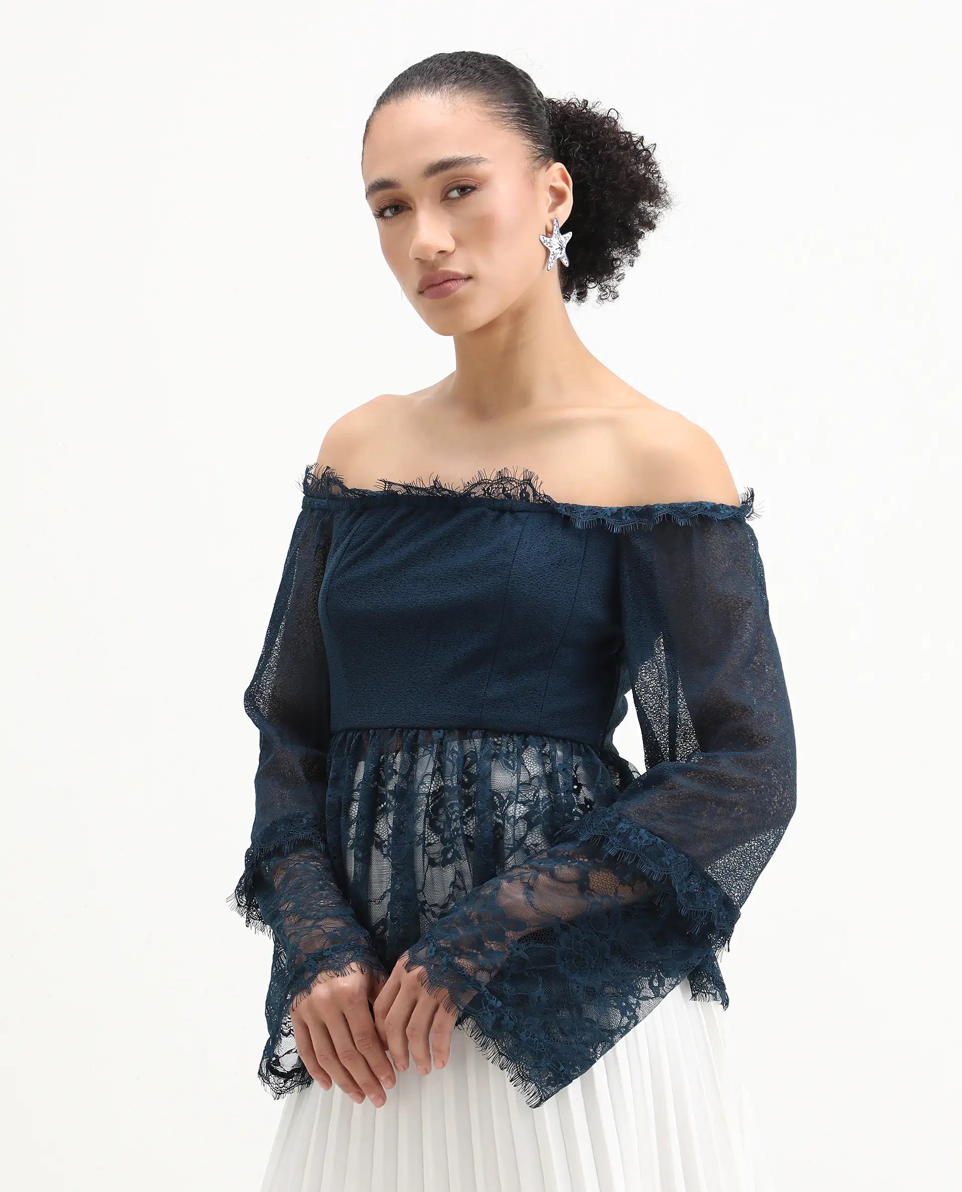 Rareism Women's Balikesar Blue Polyester Off Shoulder Plain Flared Sleeve Flared Top