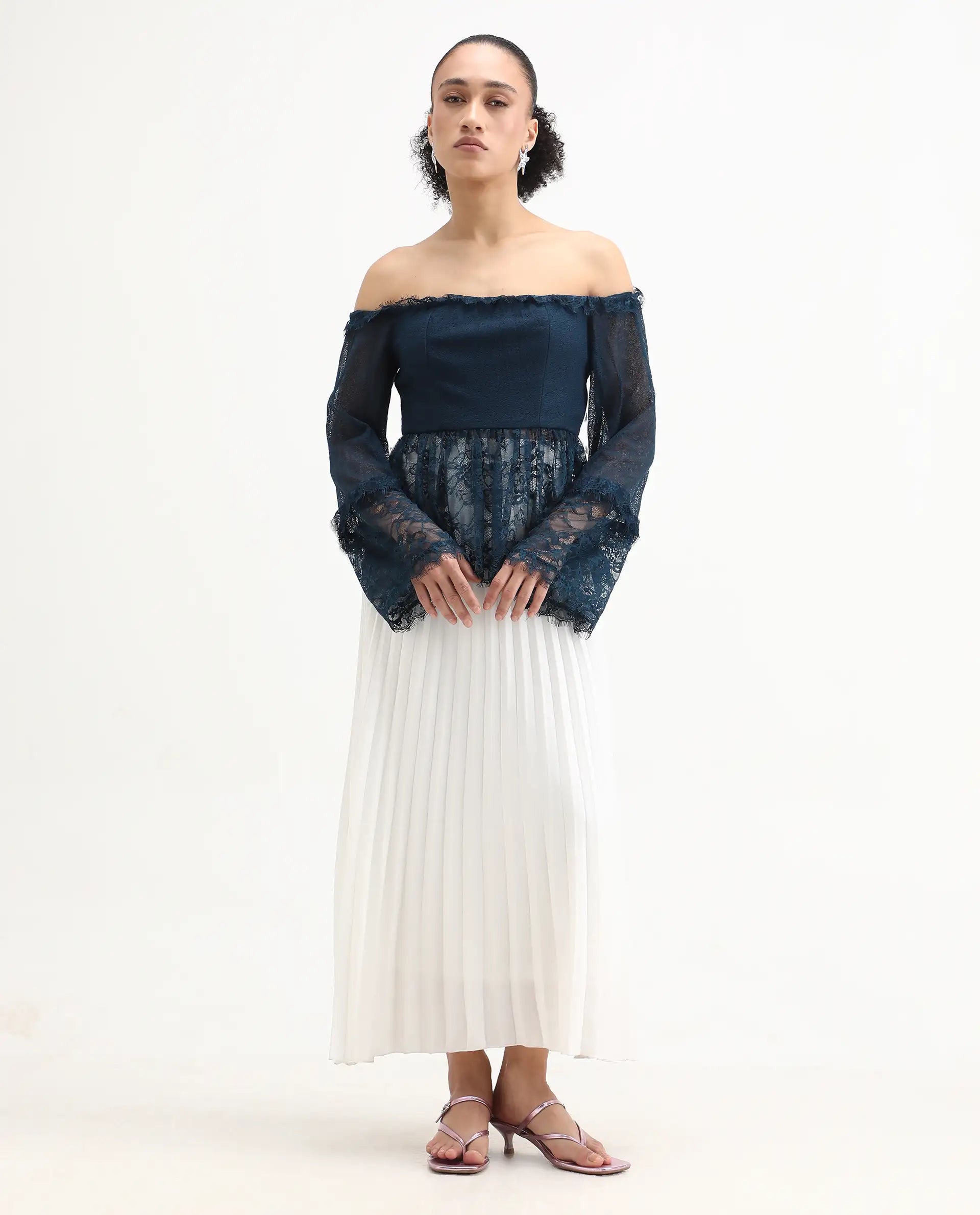 Rareism Women's Balikesar Blue Polyester Off Shoulder Plain Flared Sleeve Flared Top