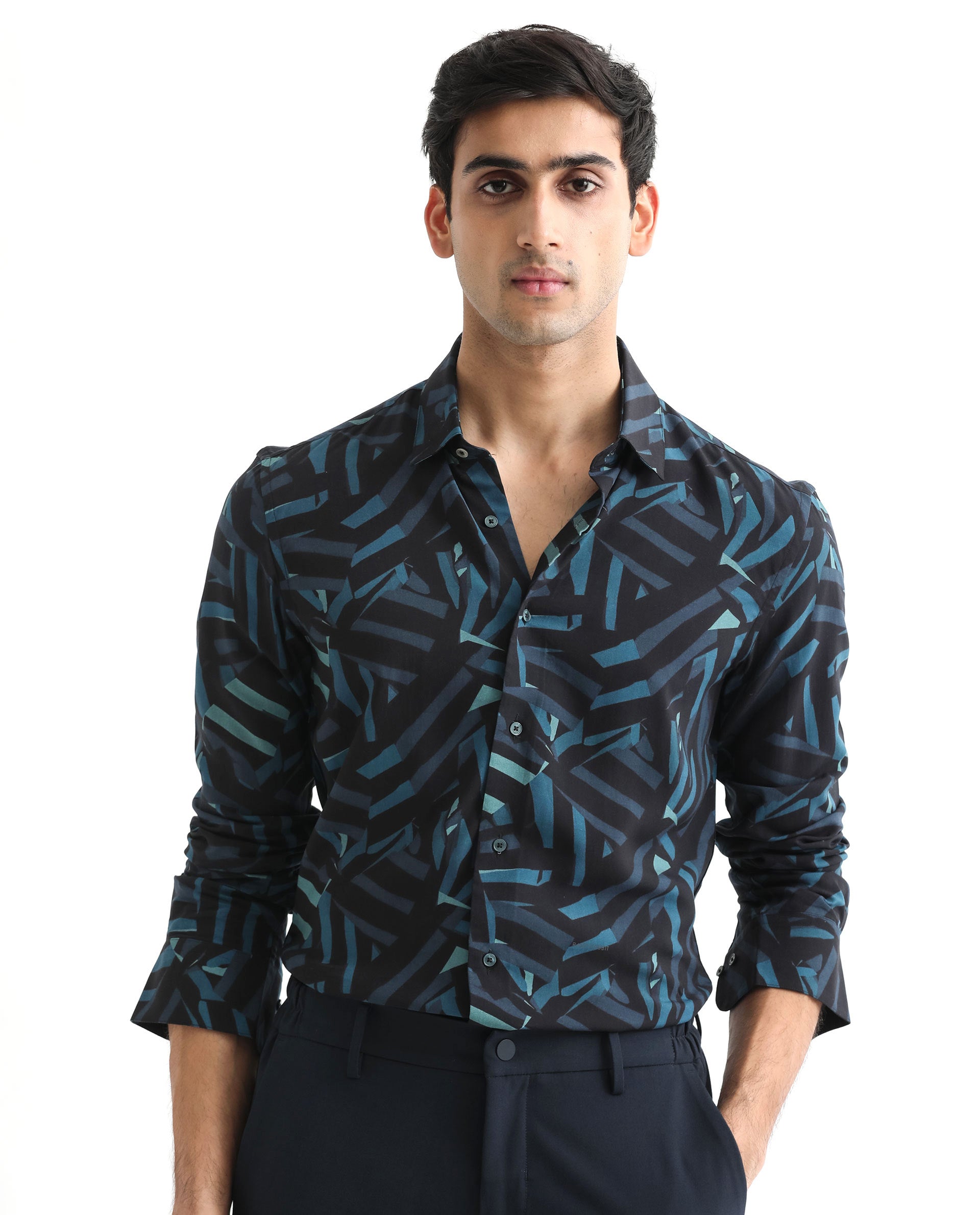 Rare Rabbit Men's Ballet Black Viscose Fabric Collared Neck Full Sleeves Abstract Print Shirt