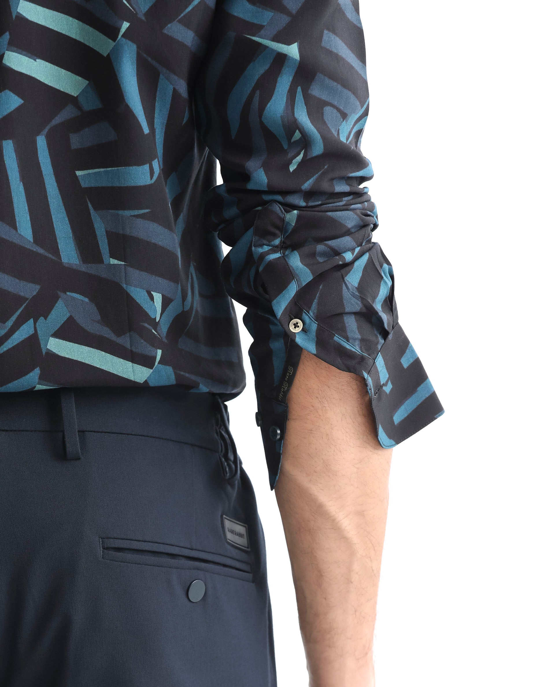 Rare Rabbit Men's Ballet Black Viscose Fabric Collared Neck Full Sleeves Abstract Print Shirt