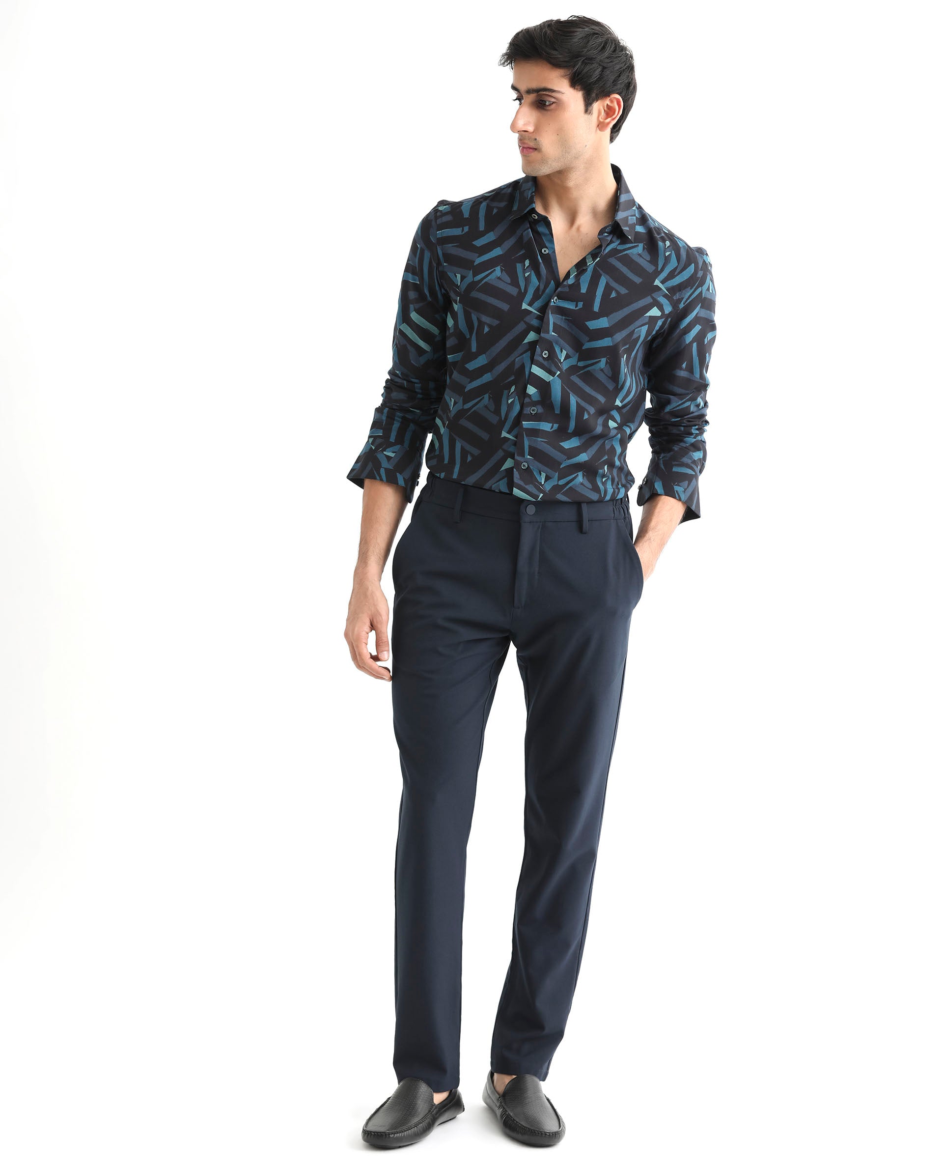 Rare Rabbit Men's Ballet Black Viscose Fabric Collared Neck Full Sleeves Abstract Print Shirt