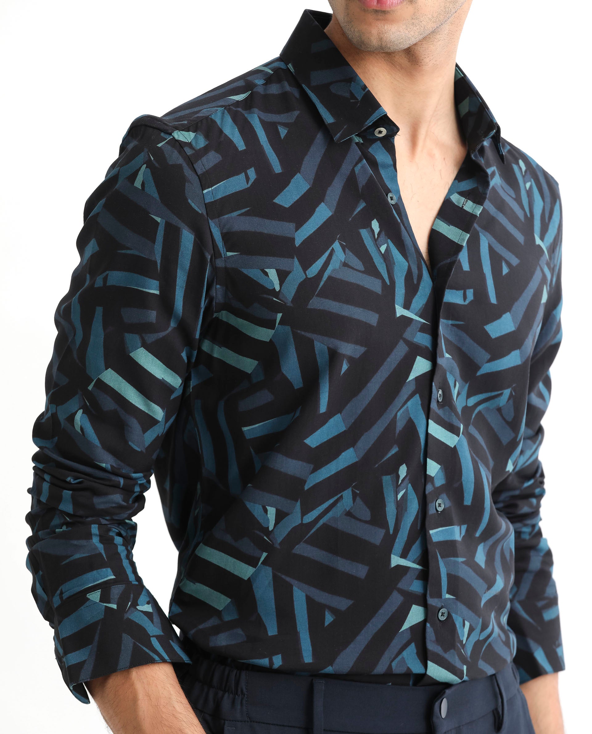 Rare Rabbit Men's Ballet Black Viscose Fabric Collared Neck Full Sleeves Abstract Print Shirt