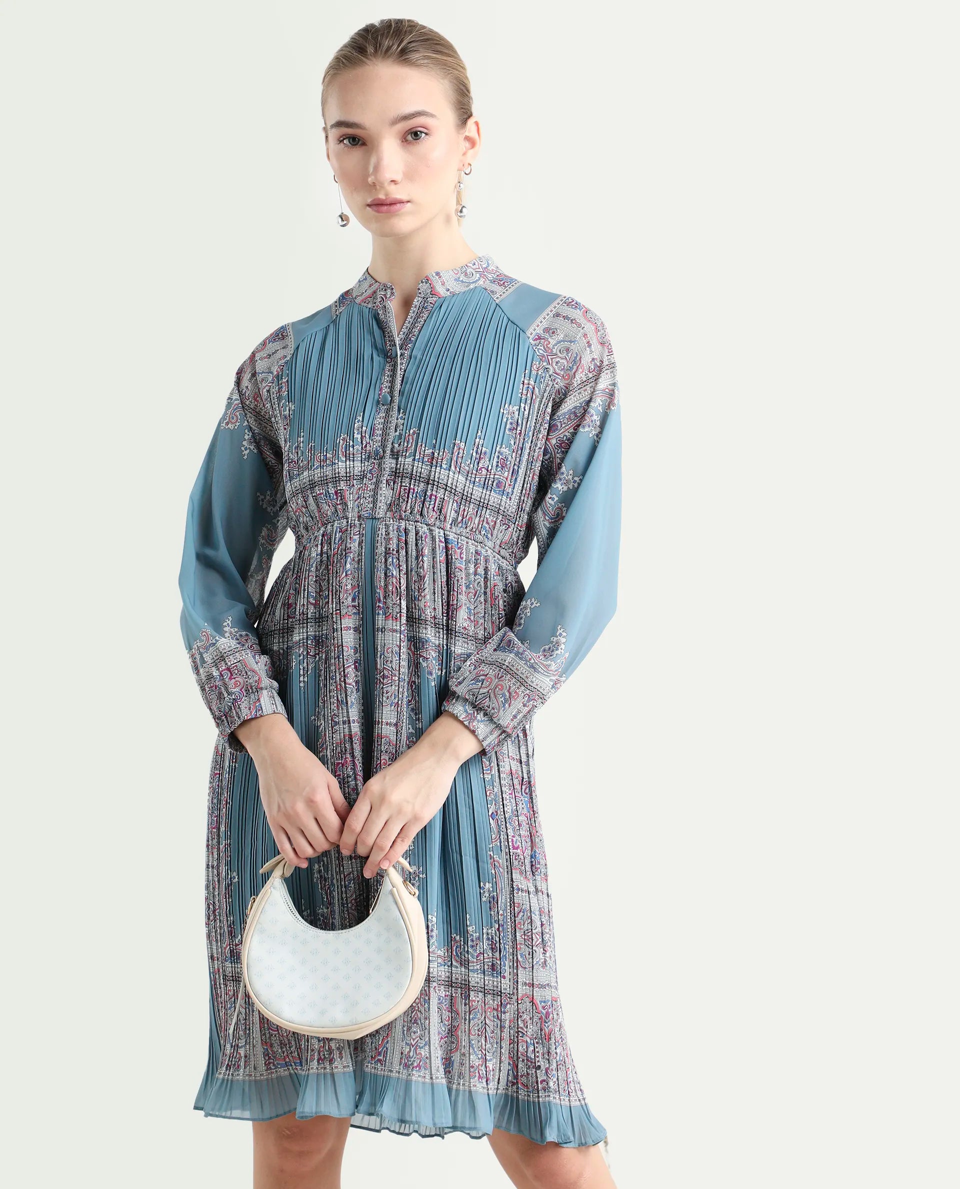 Rareism Women's Bandene Dusky Blue Polyester Mandarin Collar Bandana Print Raglan Sleeve Knee Length A-Line Dress