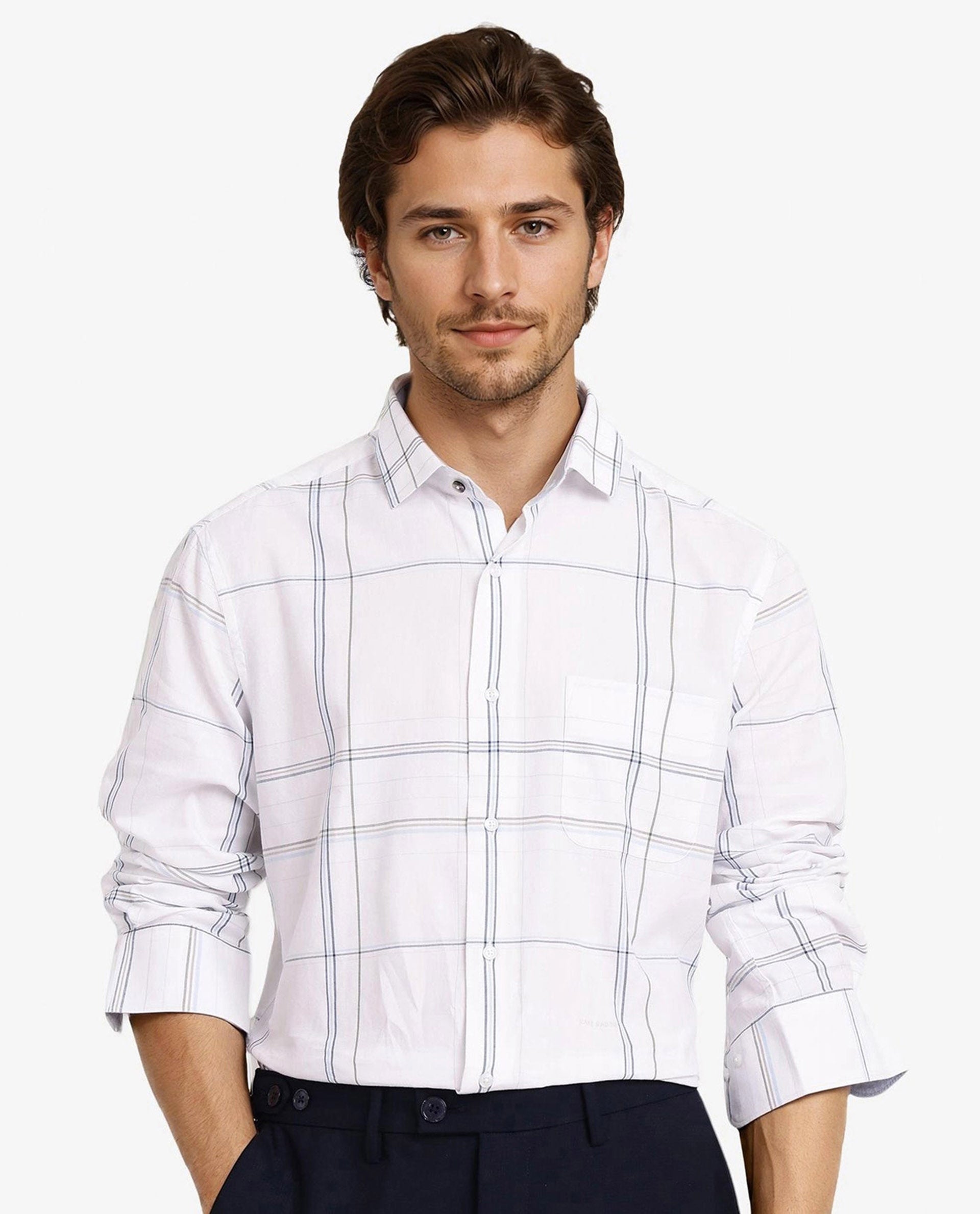 Rare Rabbit Men Banjo White Full Sleeve Collared Neck Button Closure Regular Fit Checks Shirt