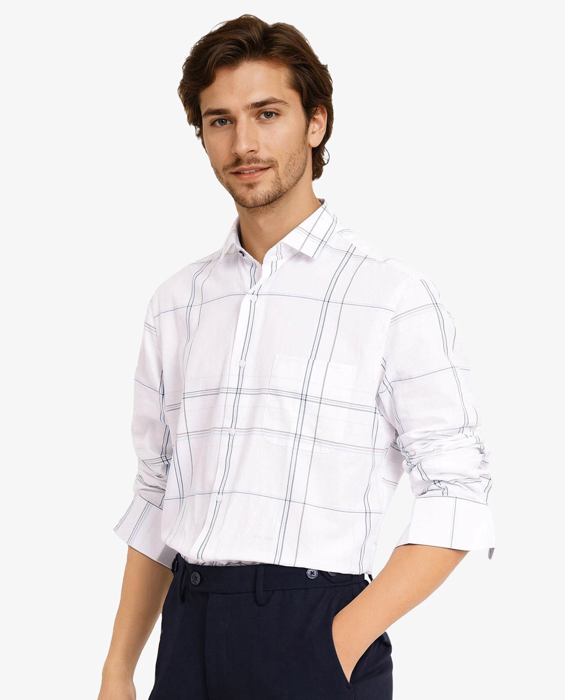 Rare Rabbit Men Banjo White Full Sleeve Collared Neck Button Closure Regular Fit Checks Shirt