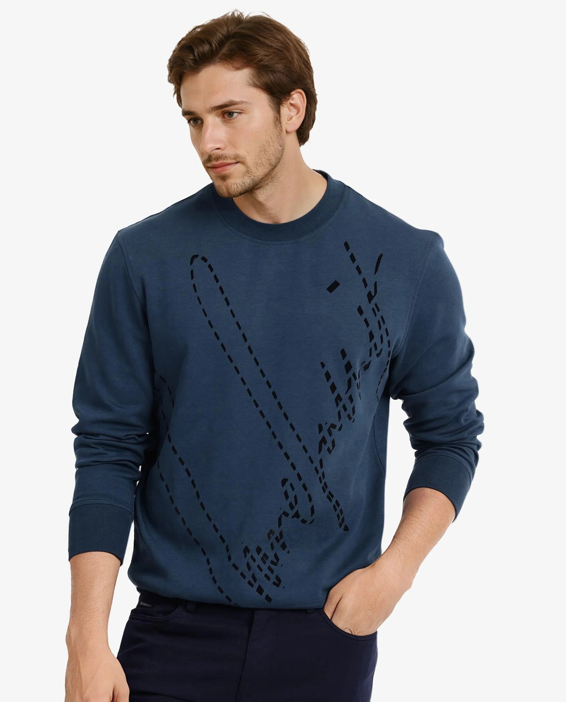 Rare Rabbit Men Barak Teal Full Sleeve Crew Neck Slim Fit Signature Print Sweatshirt