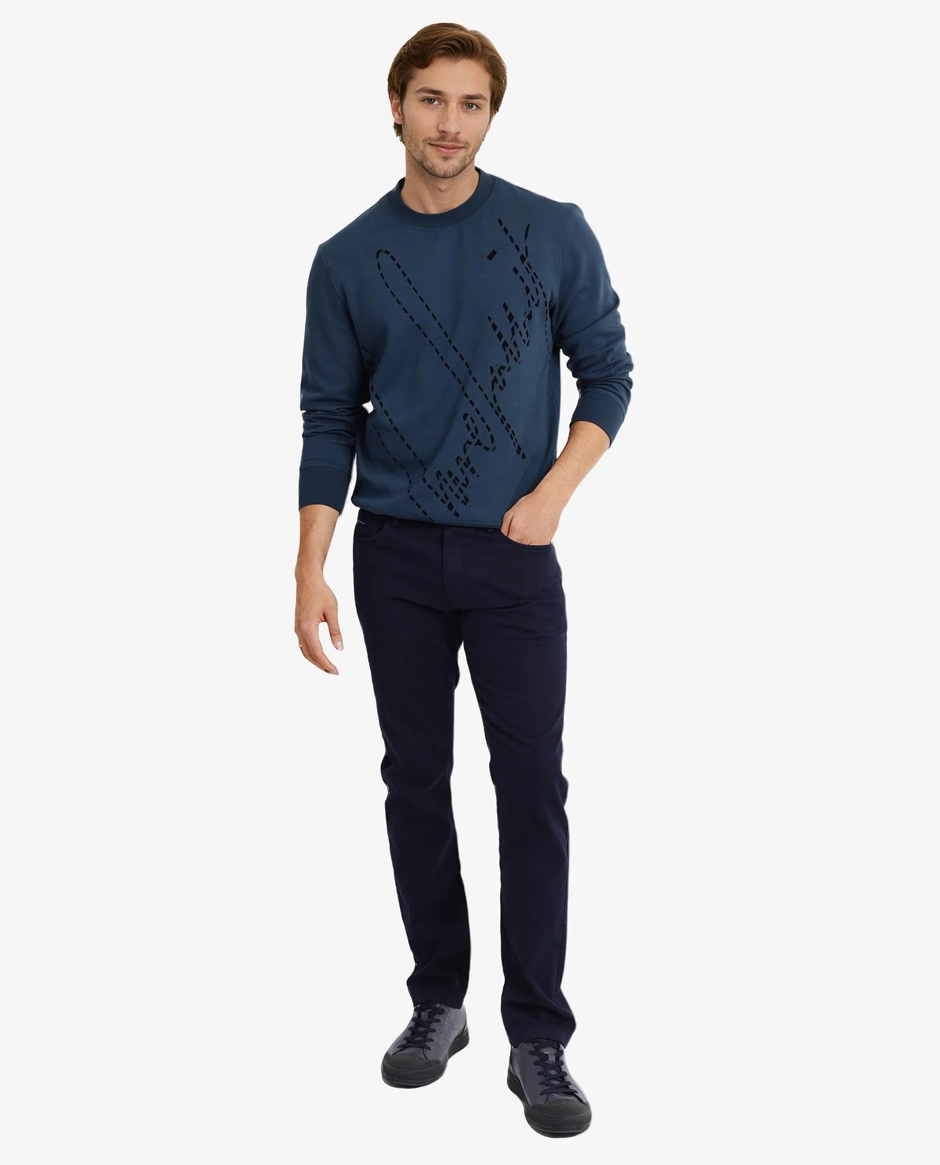 Rare Rabbit Men Barak Teal Full Sleeve Crew Neck Slim Fit Signature Print Sweatshirt