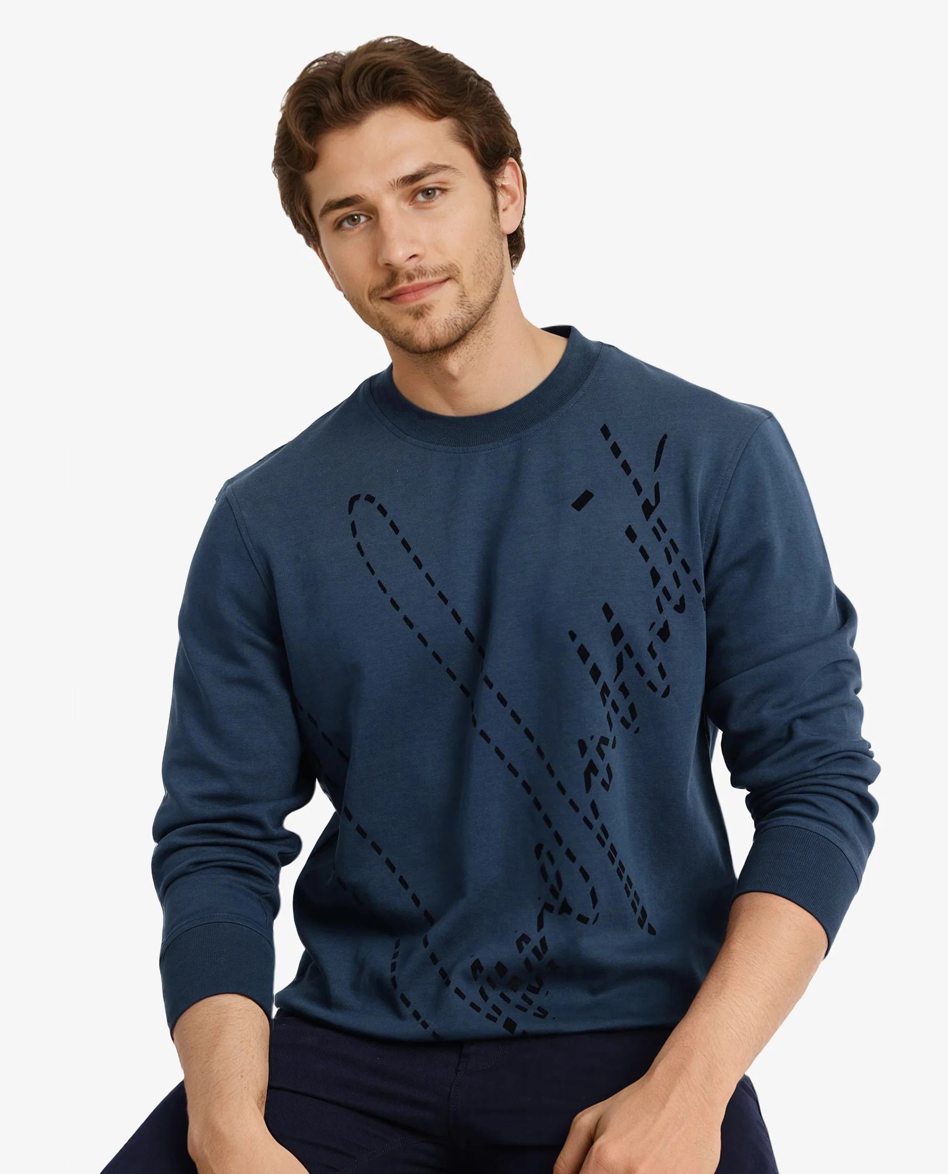 Rare Rabbit Men Barak Teal Full Sleeve Crew Neck Slim Fit Signature Print Sweatshirt