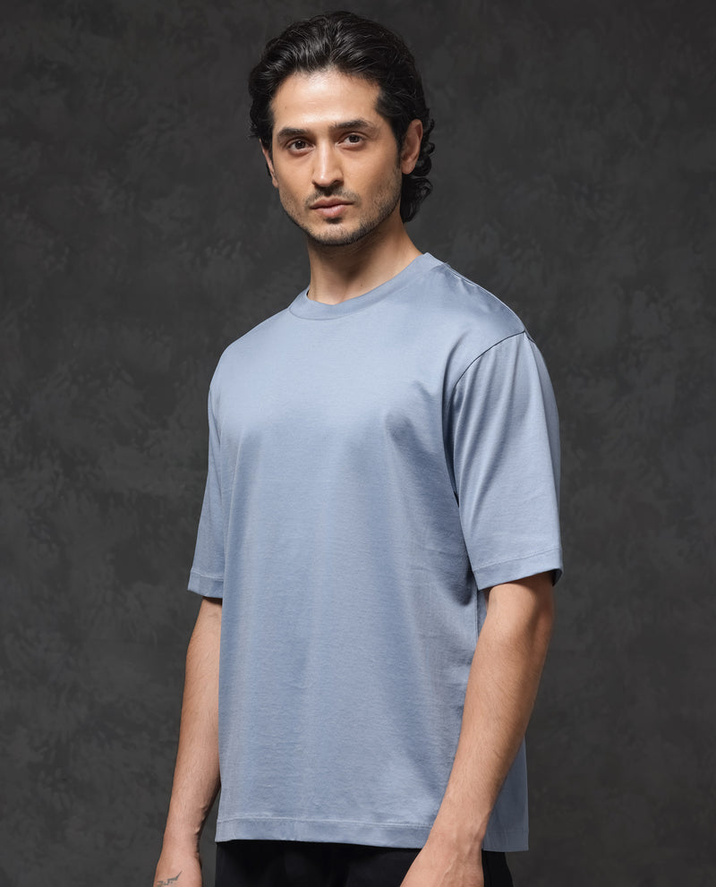 Rare Rabbit Mens Barcelon Dusky Blue Cotton Fabric Short Sleeves Oversized Fit Solid T-Shirt