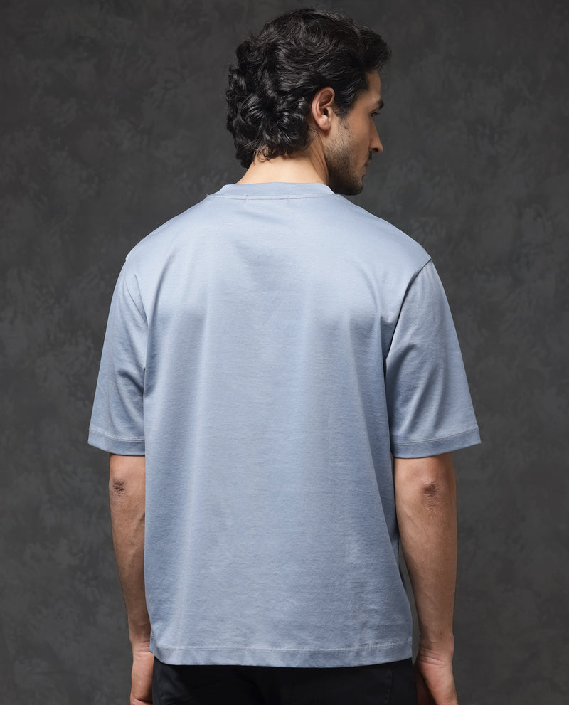 Rare Rabbit Mens Barcelon Dusky Blue Cotton Fabric Short Sleeves Oversized Fit Solid T-Shirt