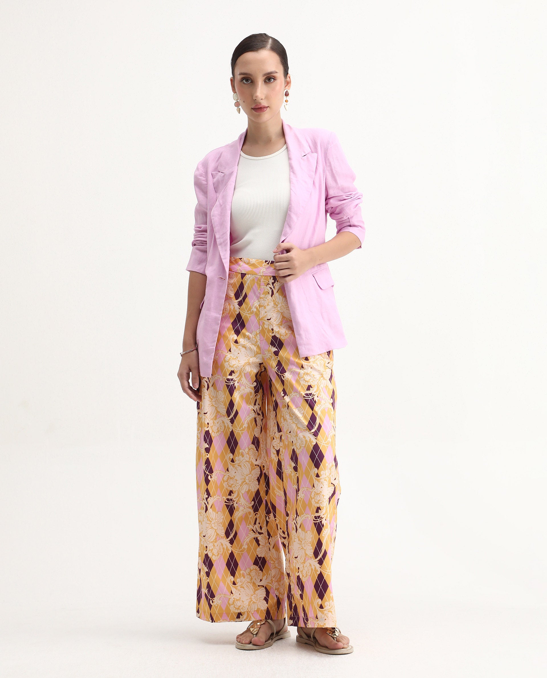 Rareism Women's Bari Light Multi Cotton Geometric Print Ankle Length Wide Trouser