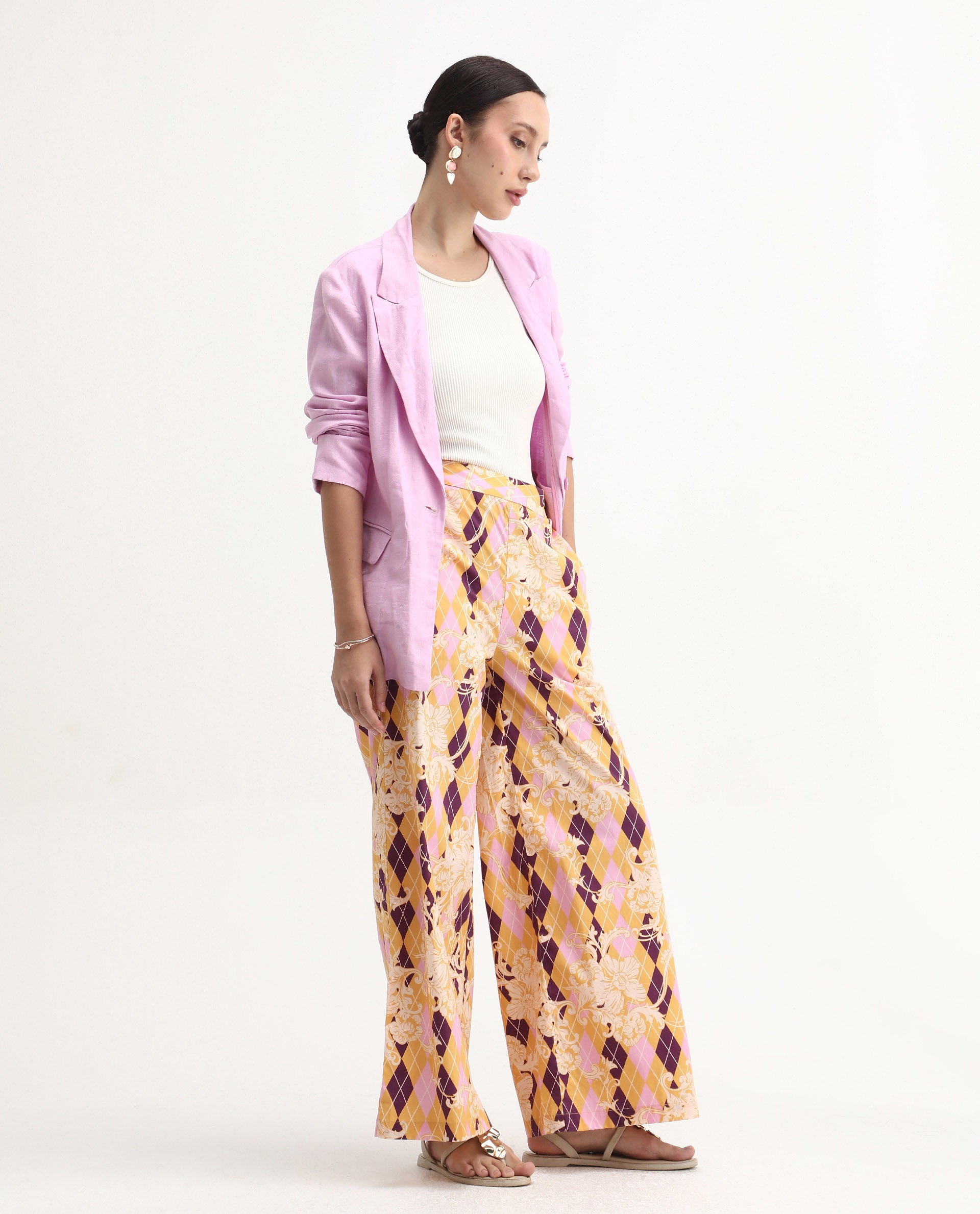 Rareism Women's Bari Light Multi Cotton Geometric Print Ankle Length Wide Trouser