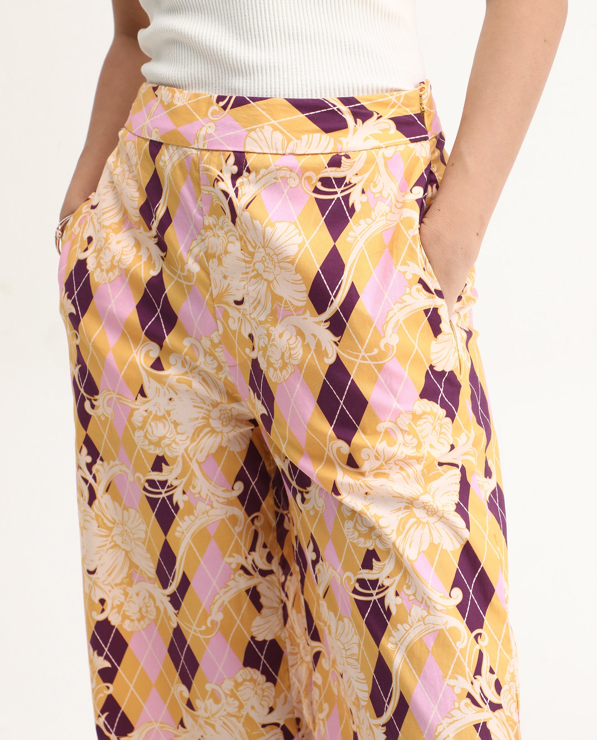 Rareism Women's Bari Light Multi Cotton Geometric Print Ankle Length Wide Trouser