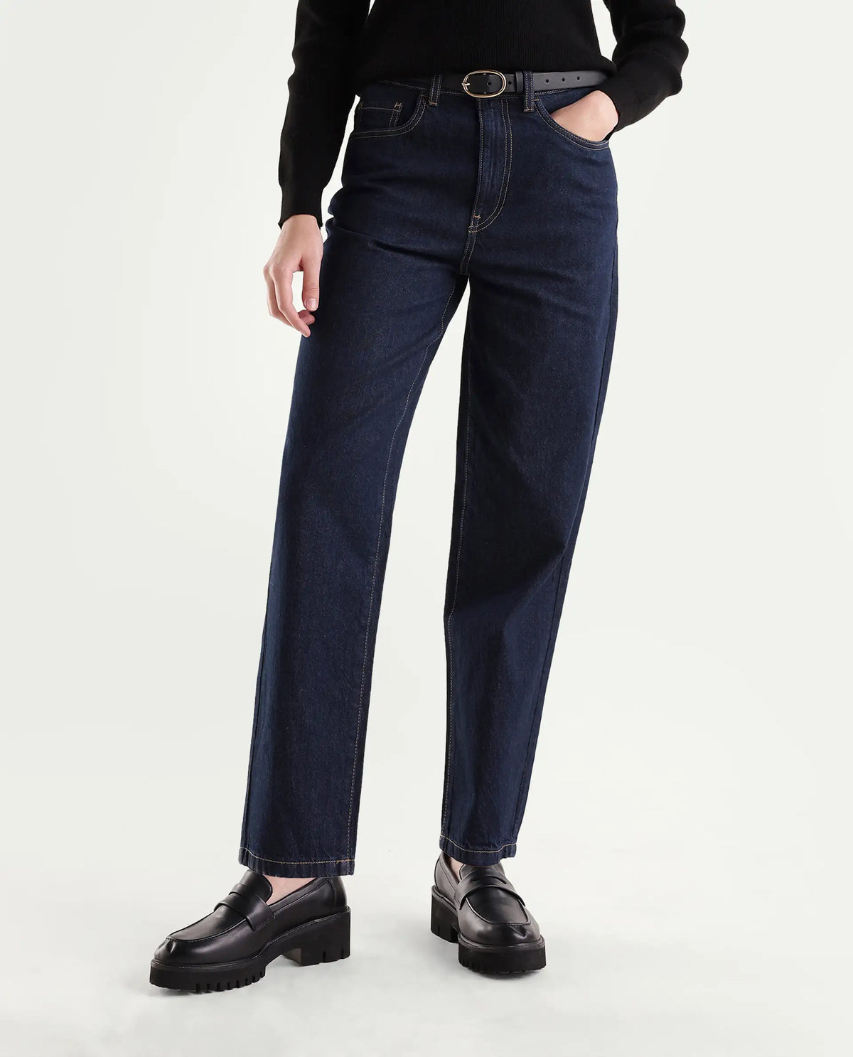 Rareism Women's Barol-3 Dark Navy Cotton Shank And Zipper Ankle Barrel Plain Jeans