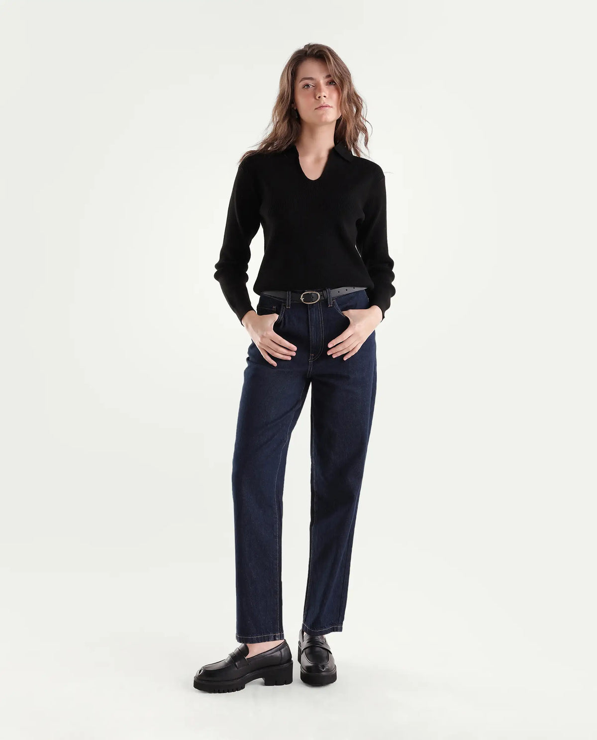Rareism Women's Barol-3 Dark Navy Cotton Shank And Zipper Ankle Barrel Plain Jeans