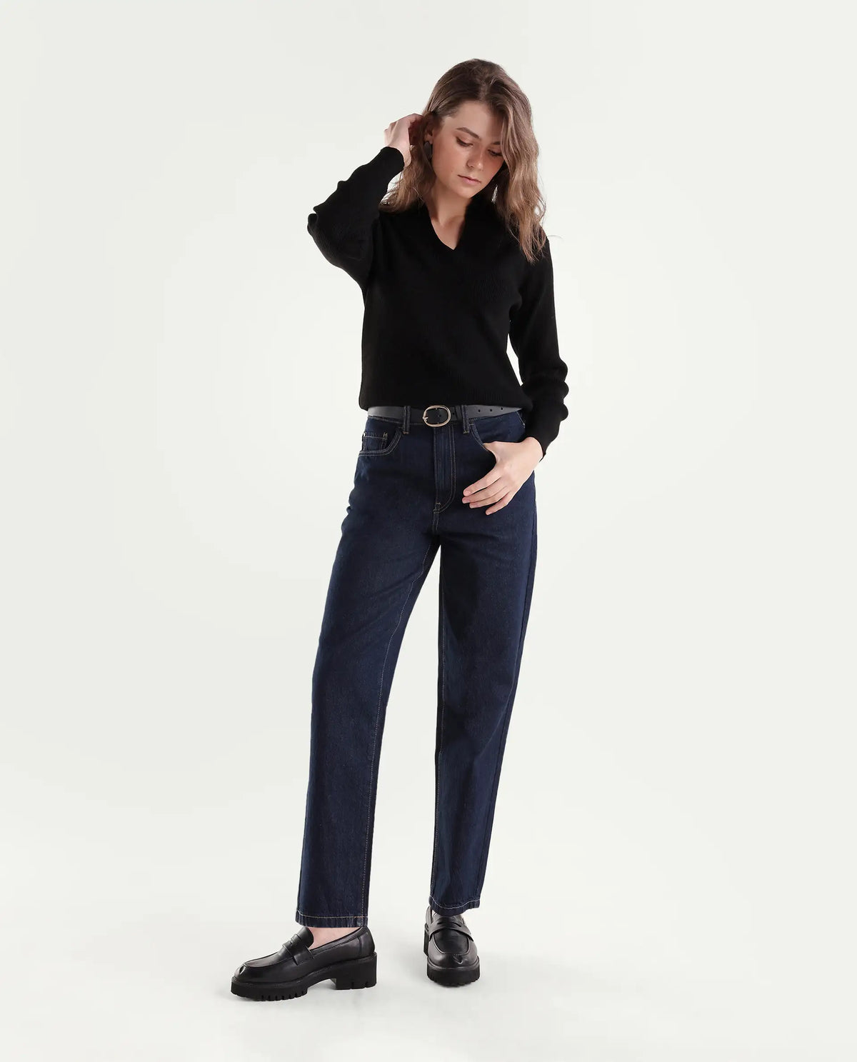 Rareism Women's Barol-3 Dark Navy Cotton Shank And Zipper Ankle Barrel Plain Jeans