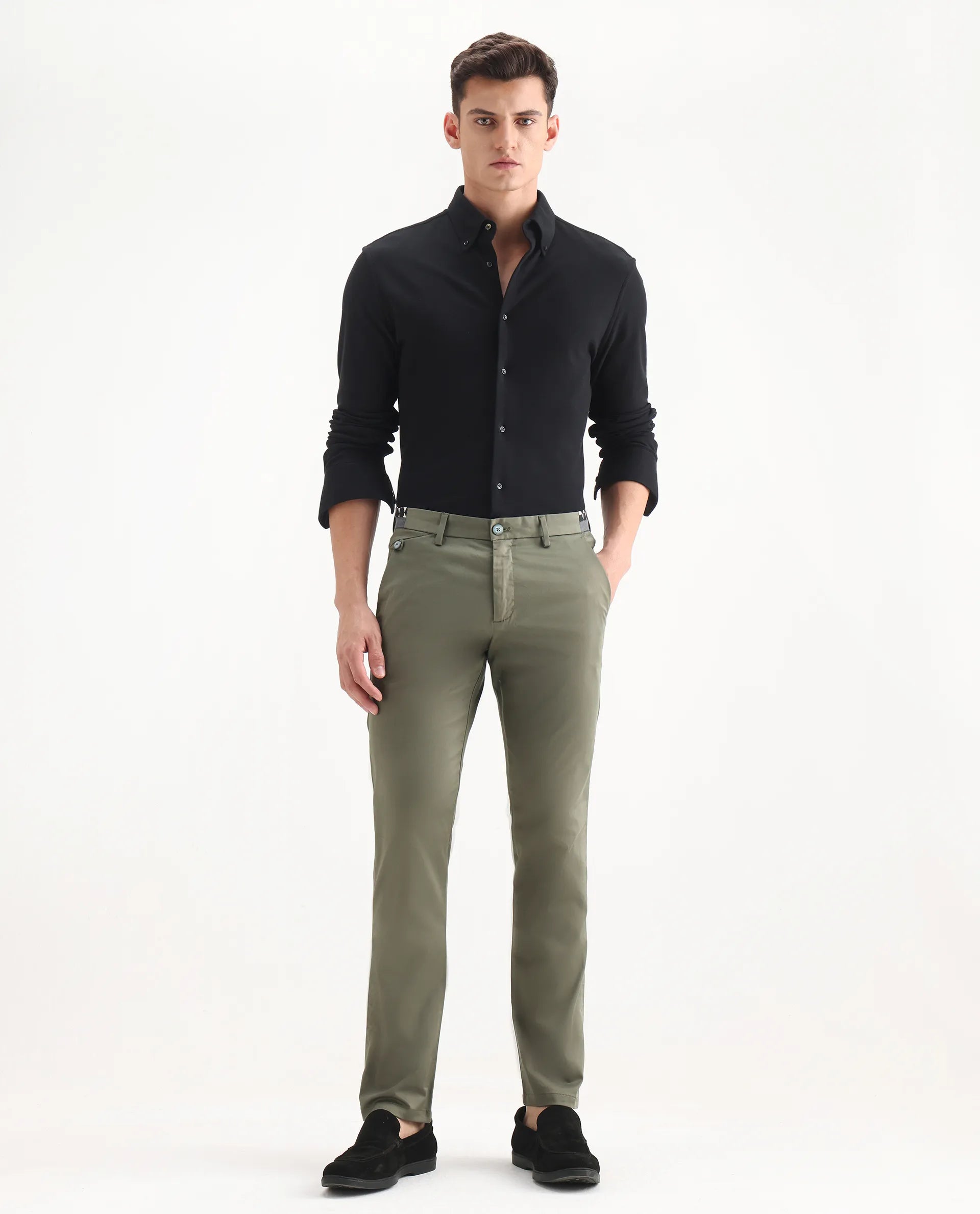 Rare Rabbit Men's Daron Olive Cotton Plain Regular Fit Trouser