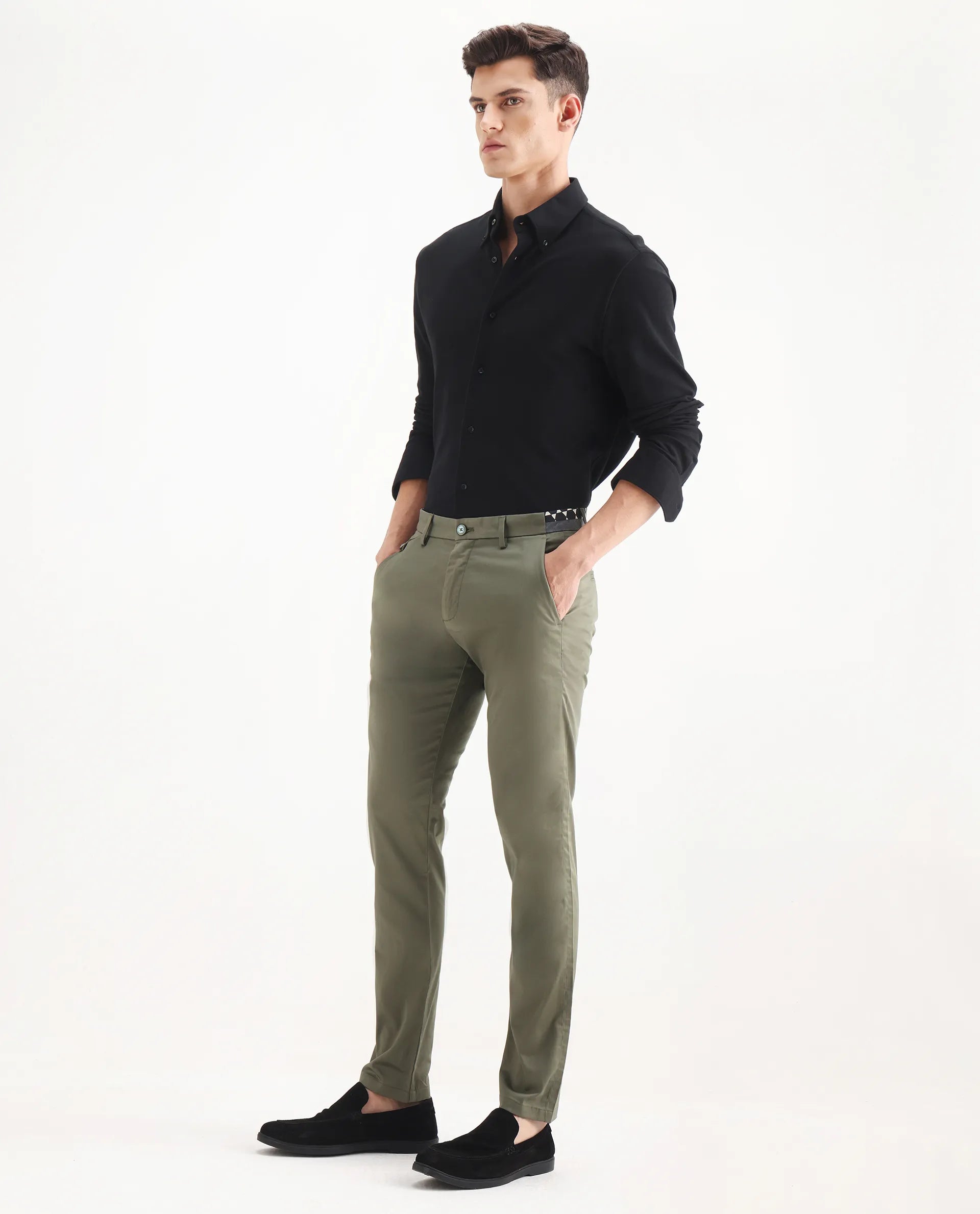 Rare Rabbit Men's Daron Olive Cotton Plain Regular Fit Trouser