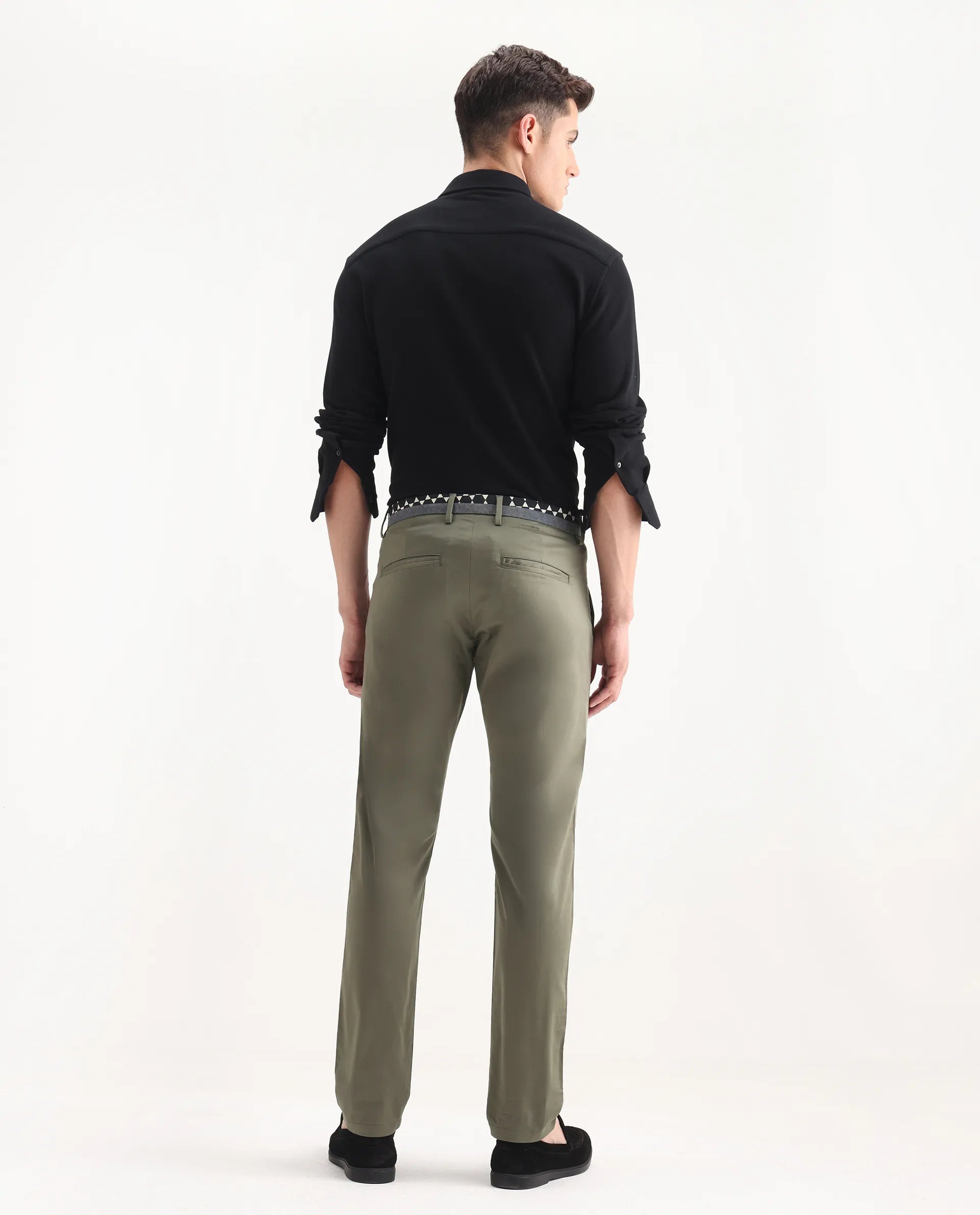 Rare Rabbit Men's Daron Olive Cotton Plain Regular Fit Trouser