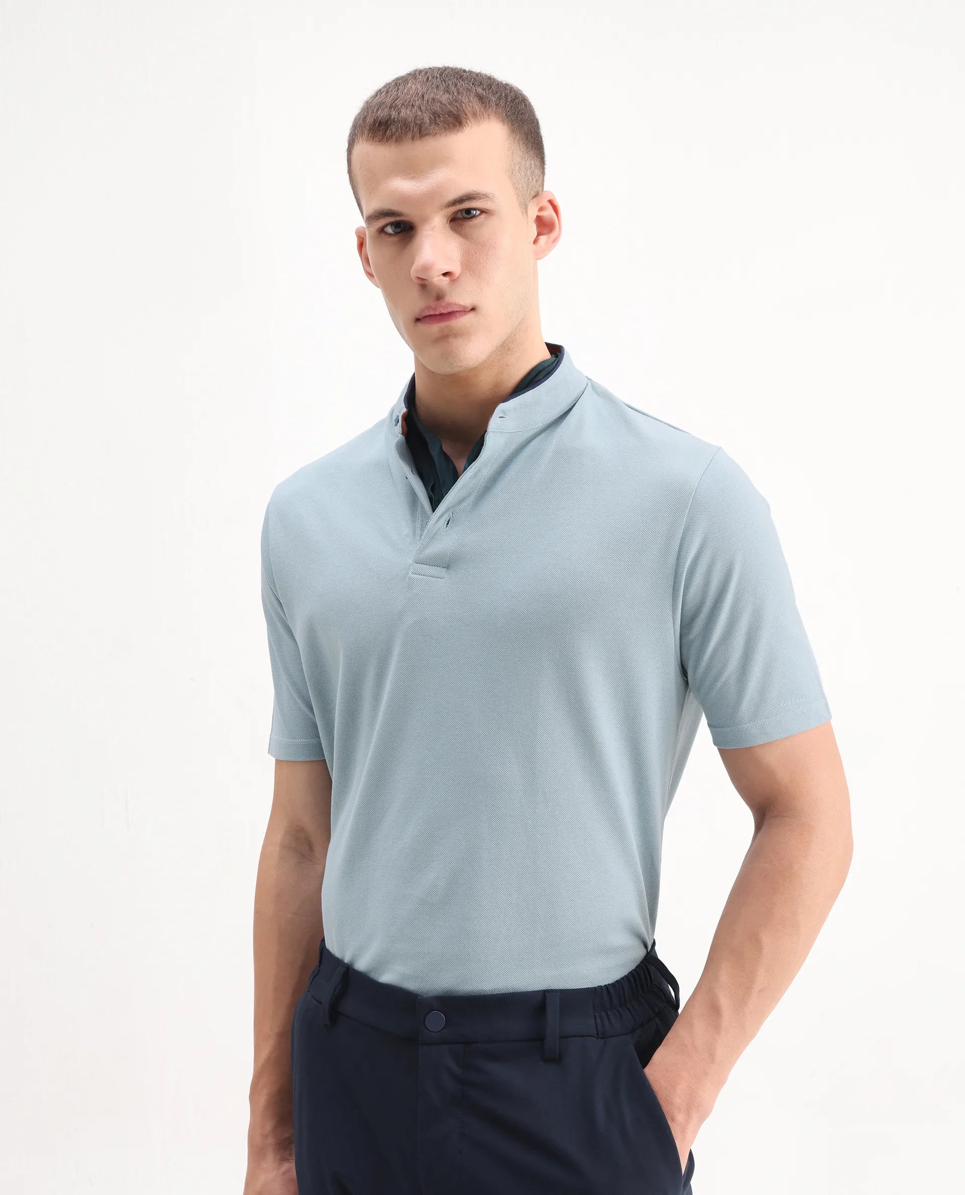 Rare Rabbit Men's Barrie Dark Grey Cotton Plain Slim Fit Half Sleeve Polo