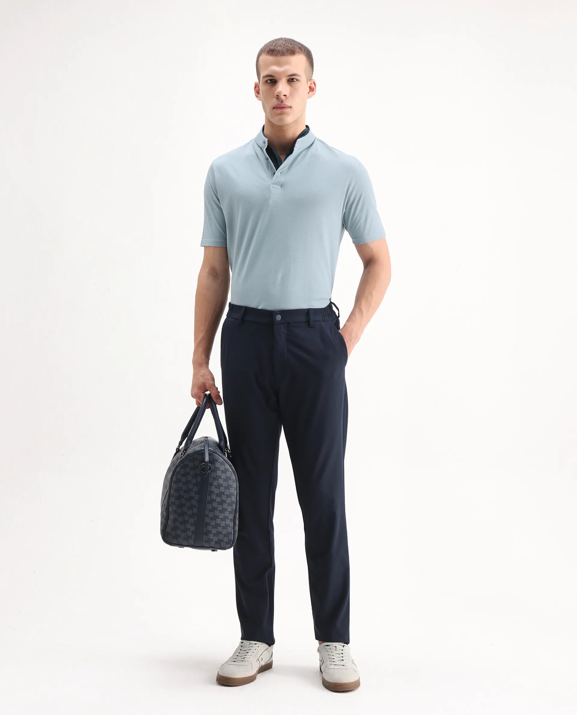 Rare Rabbit Men's Barrie Dark Grey Cotton Plain Slim Fit Half Sleeve Polo