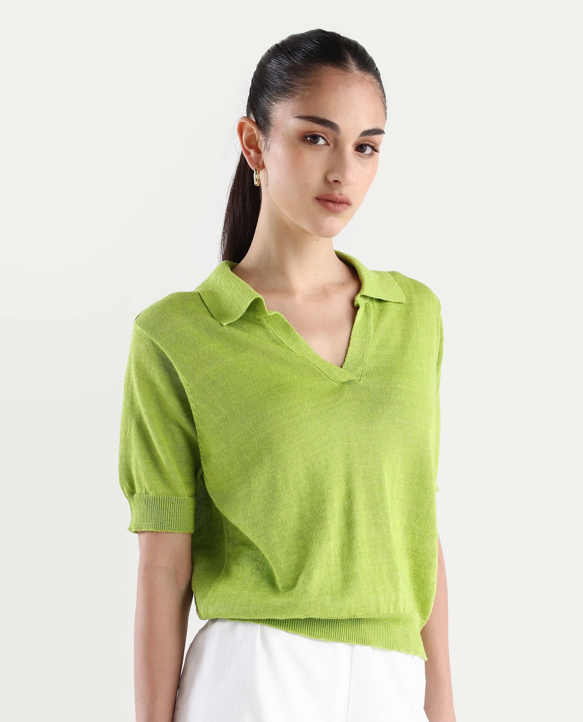 Rareism Women's Basel Flouroscent Green Cotton Linen Polo Neck Plain Regular Fit Polo