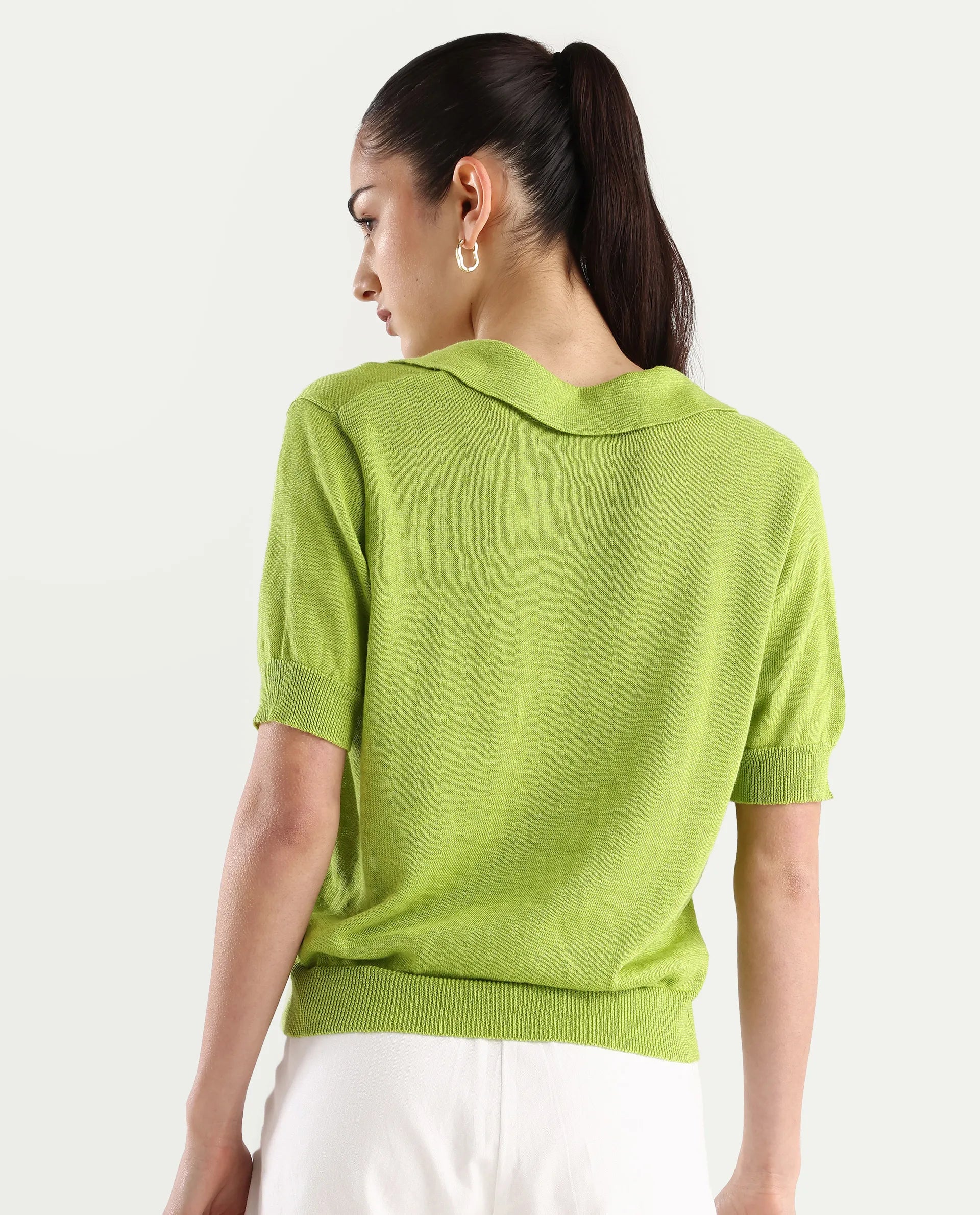 Rareism Women's Basel Flouroscent Green Cotton Linen Polo Neck Plain Regular Fit Polo