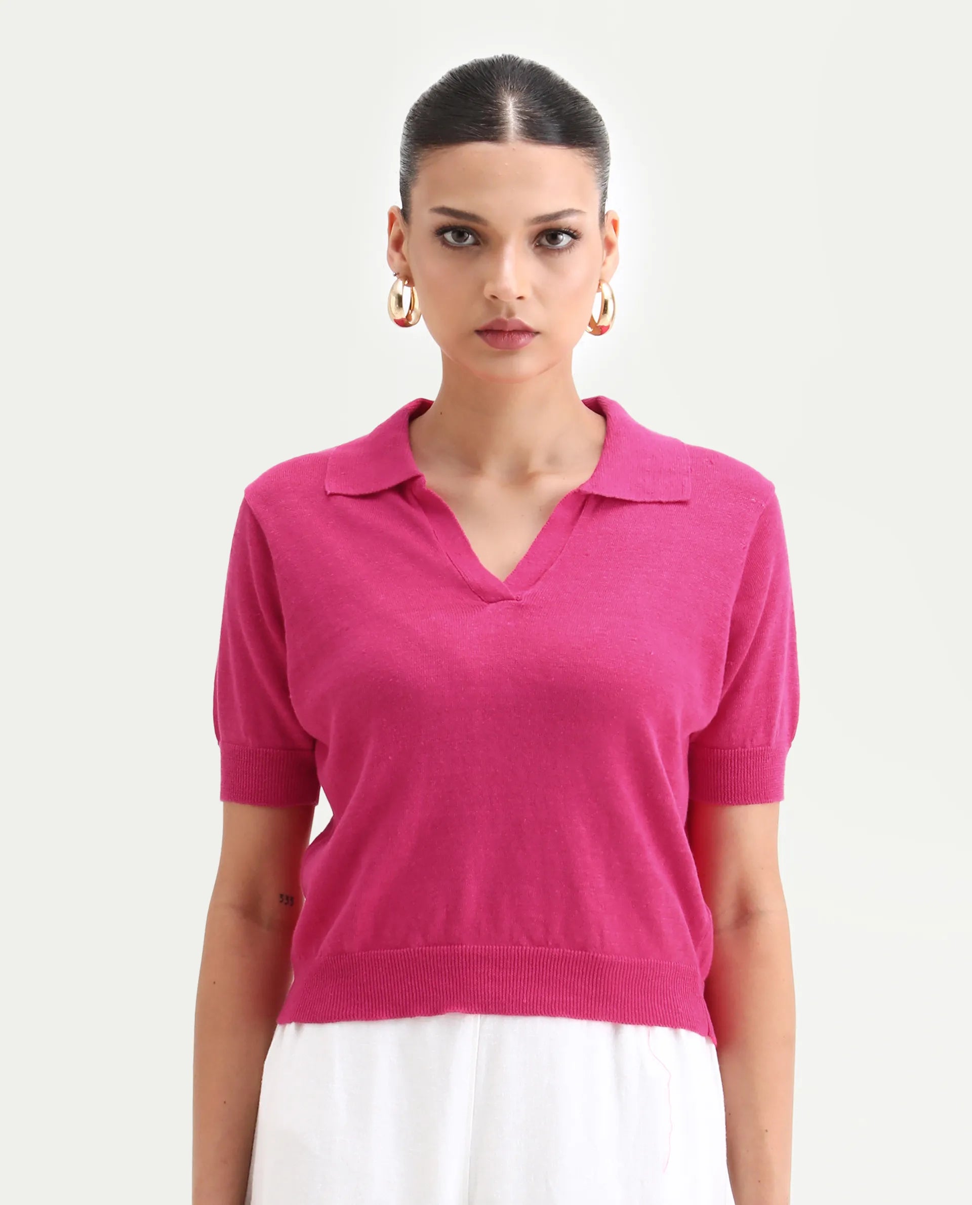 Rareism Women's Basel Flouroscent Pink Cotton Blend Polo Neck Plain Regular Fit Polo