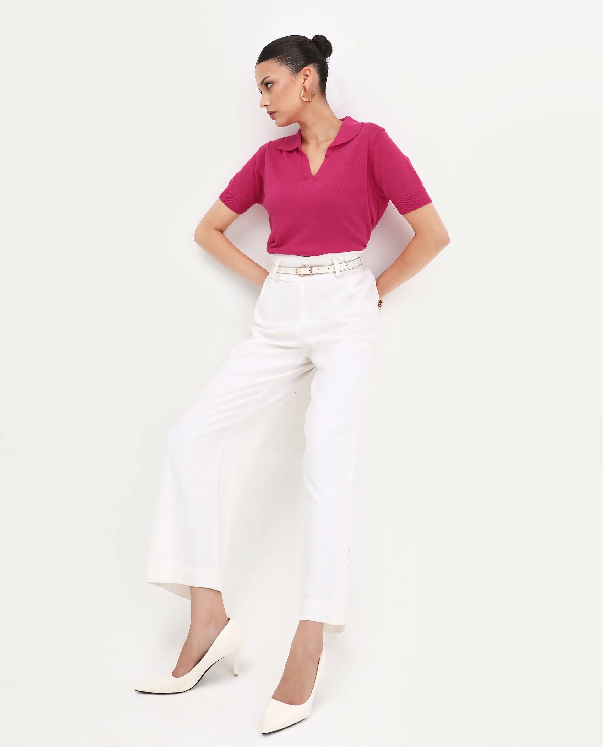 Rareism Women's Basel Flouroscent Pink Cotton Blend Polo Neck Plain Regular Fit Polo