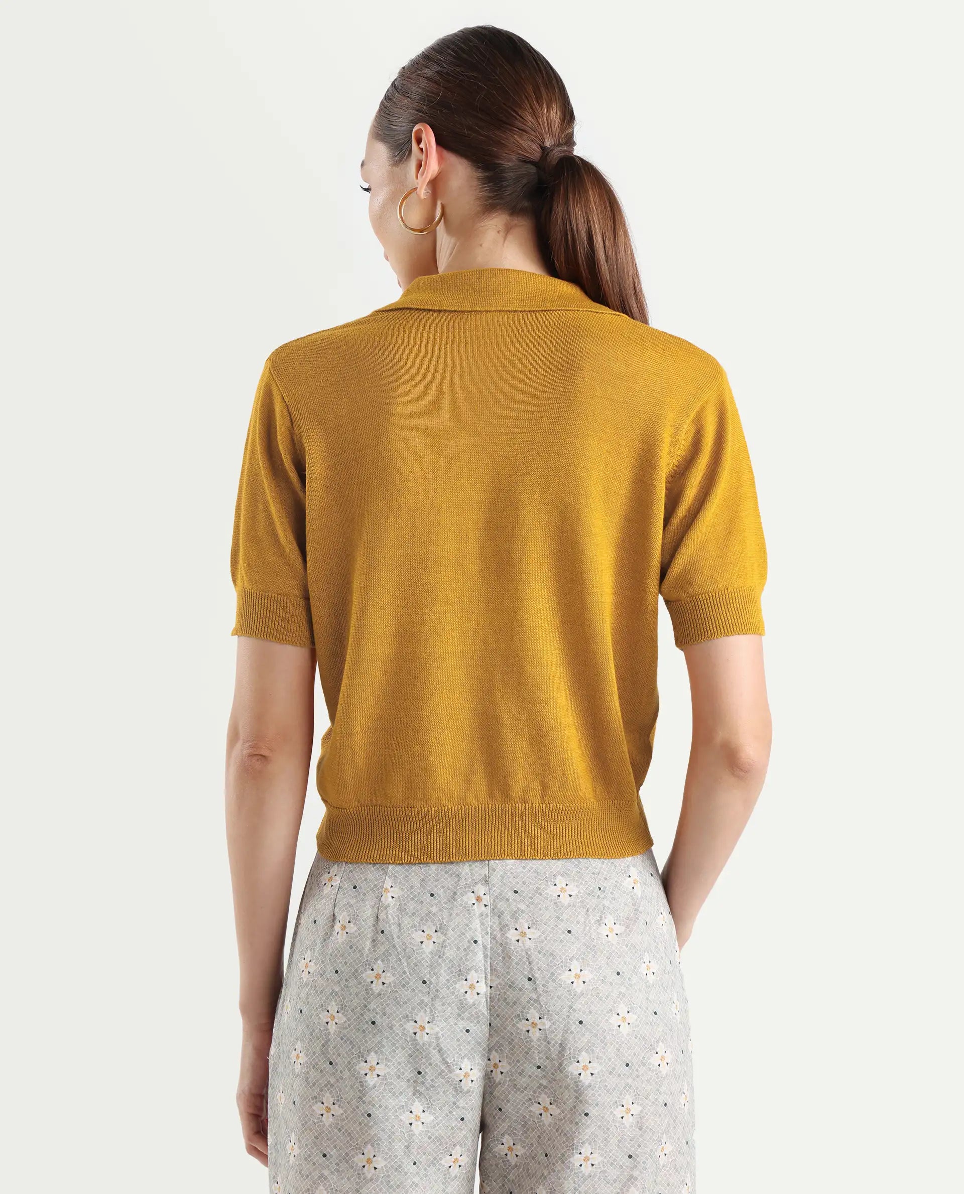 Rareism Women's Basel Yellow Cotton Linen Polo Neck Plain Regular Fit Polo