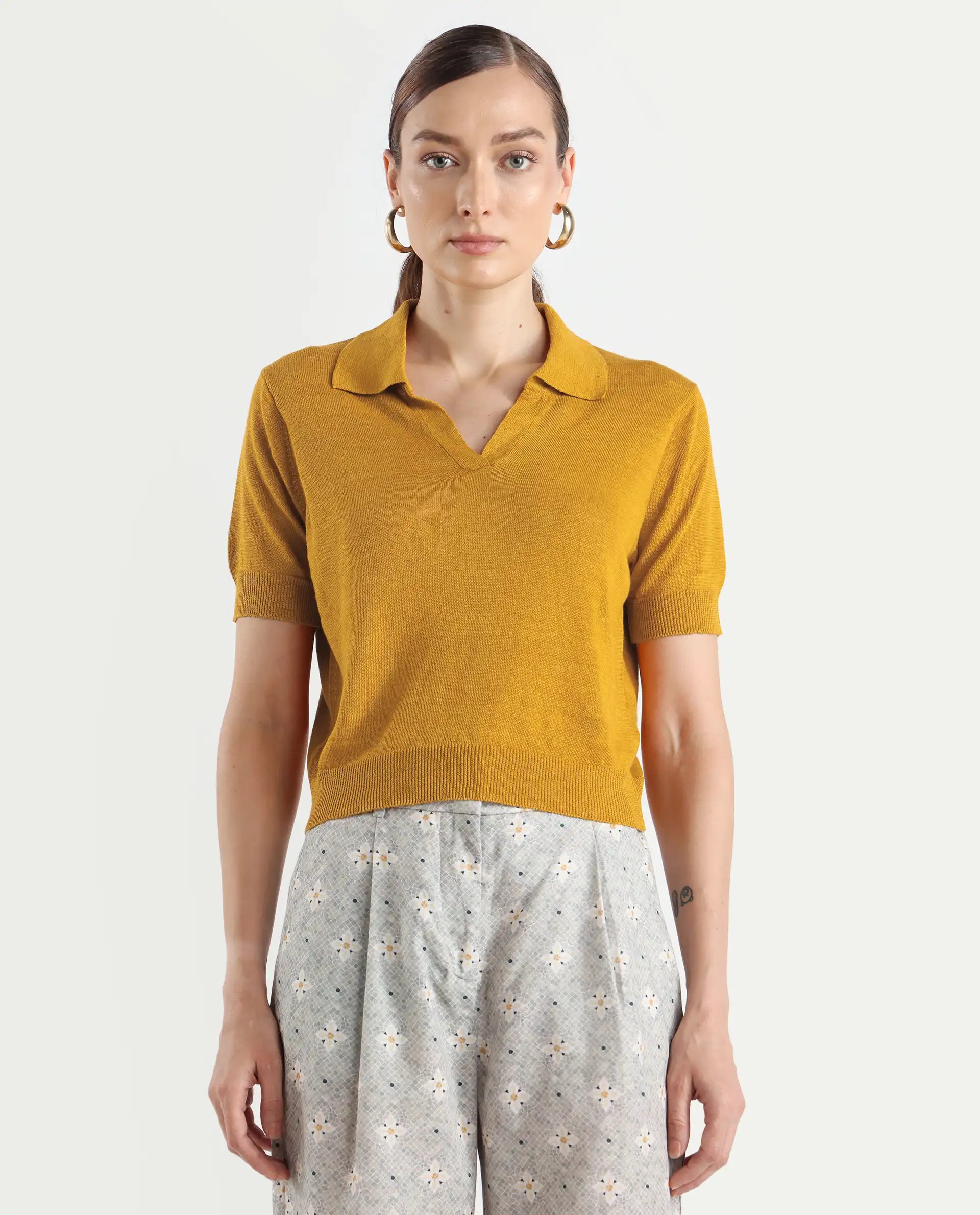 Rareism Women's Basel Yellow Cotton Linen Polo Neck Plain Regular Fit Polo