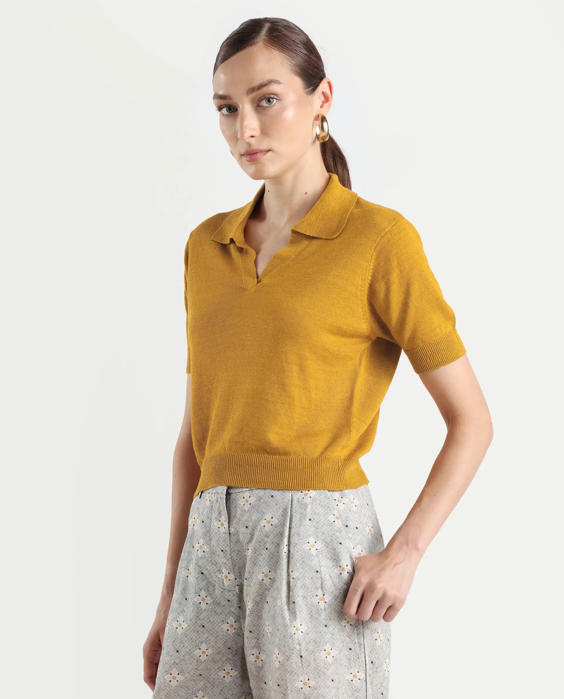 Rareism Women's Basel Yellow Cotton Linen Polo Neck Plain Regular Fit Polo